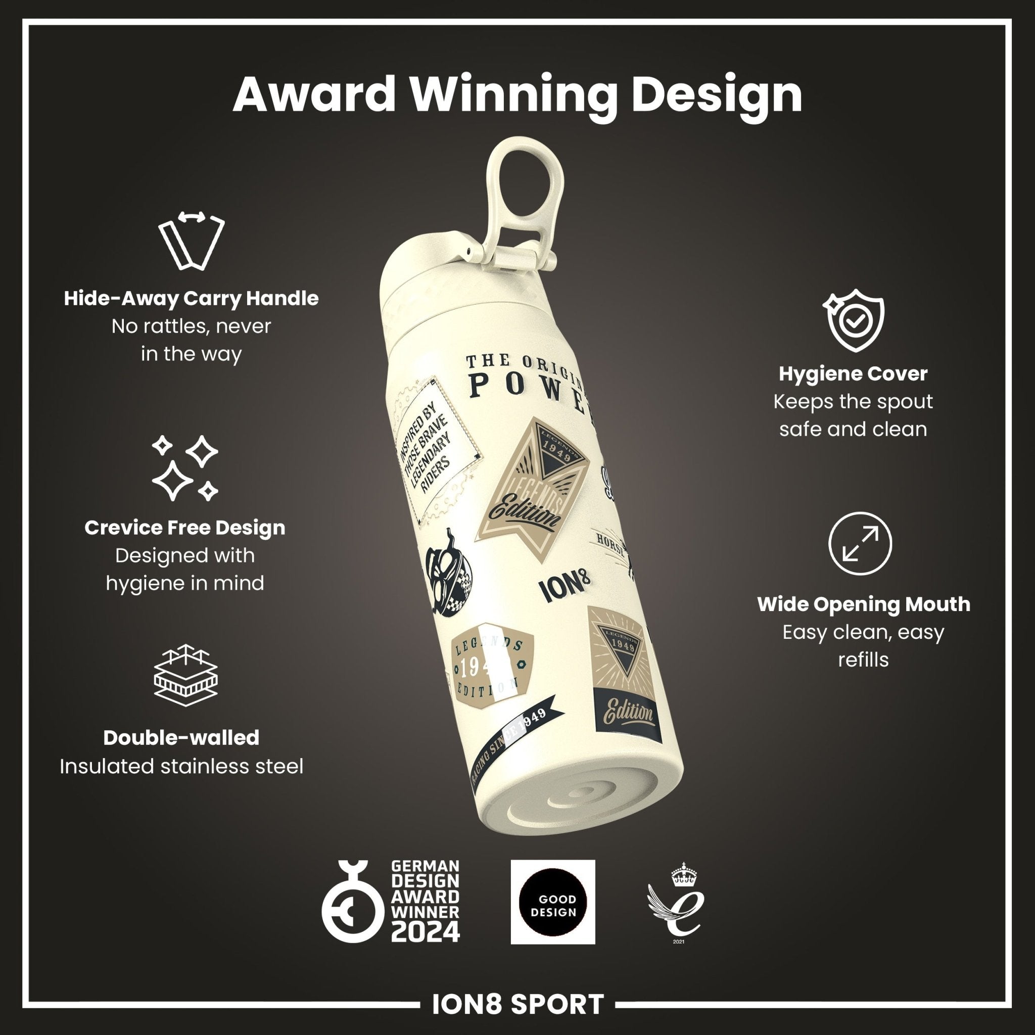 ION8 MotoGP insulated steel water bottle featuring MotoGP Classic Legends design, 750ml capacity, with a sleek, durable finish.