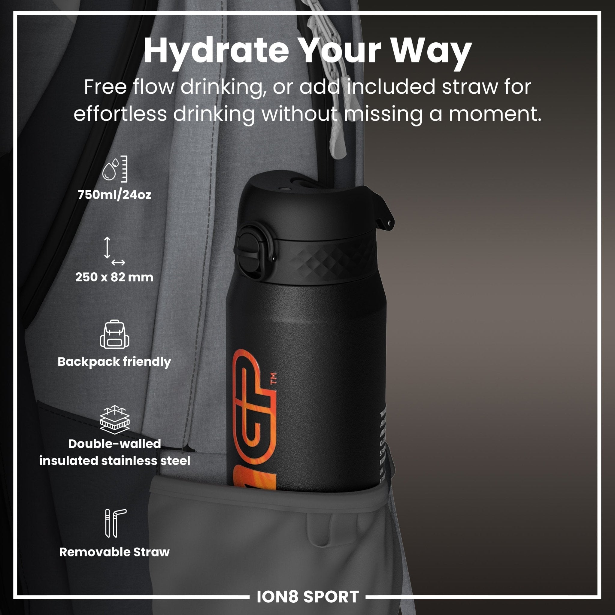 ION8 MotoGP insulated steel water bottle with MotoGP calendar, 750ml (24oz), featuring a sleek stainless steel design and MotoGP branding.