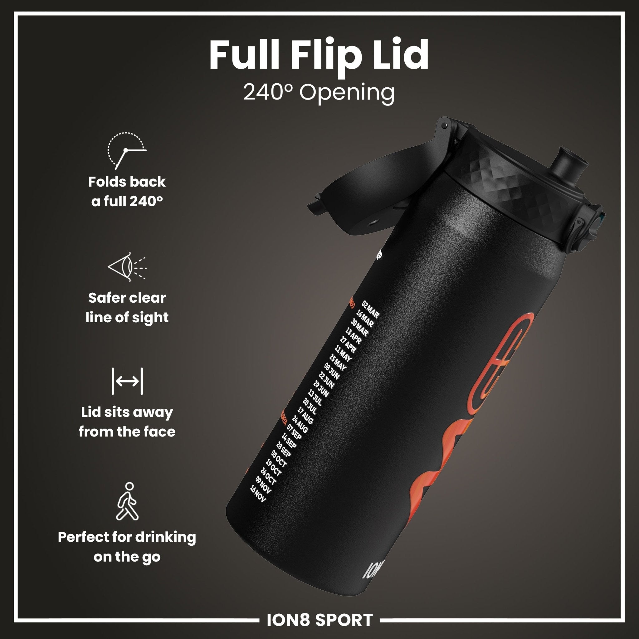 ION8 MotoGP insulated steel water bottle, 750ml (24oz), with MotoGP calendar, featuring a sleek stainless steel design.