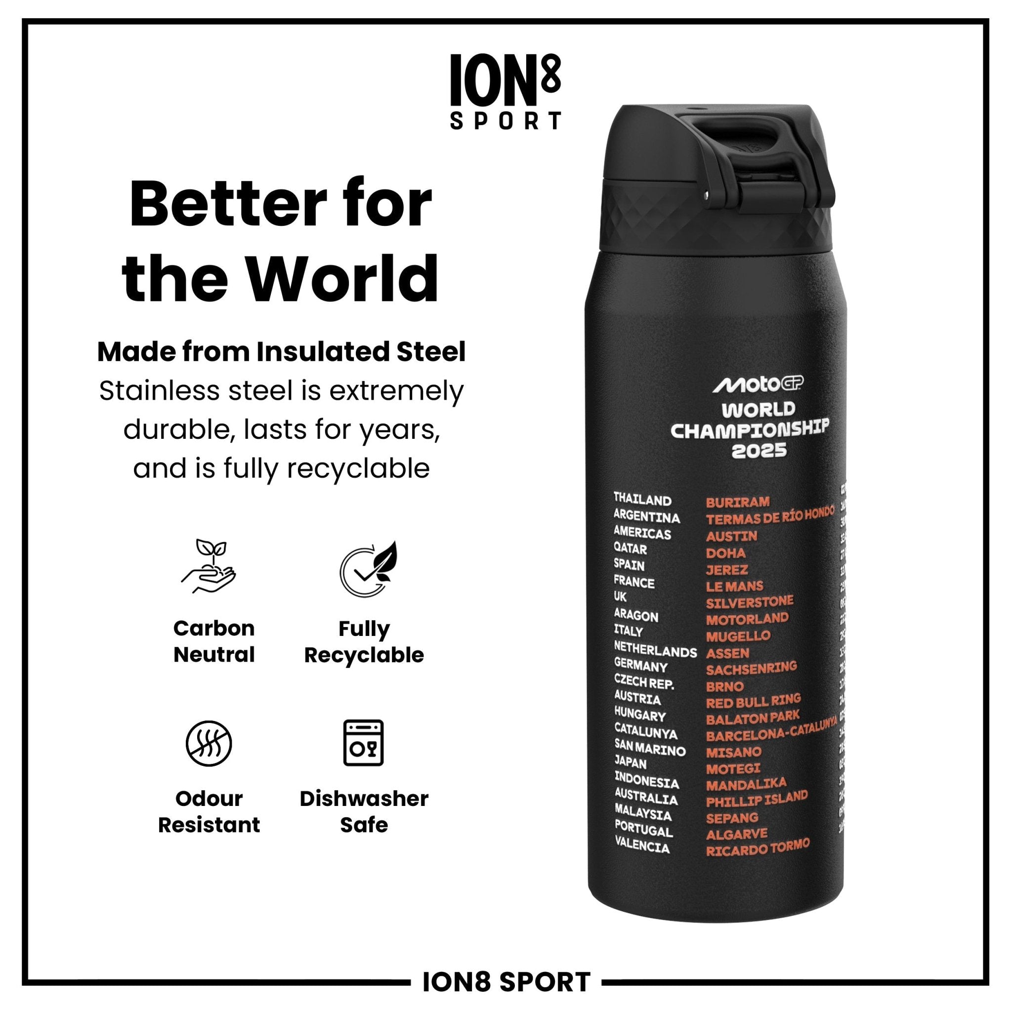 ION8 MotoGP insulated steel water bottle with MotoGP logo, 750ml capacity, featuring a sleek design and secure screw lid.