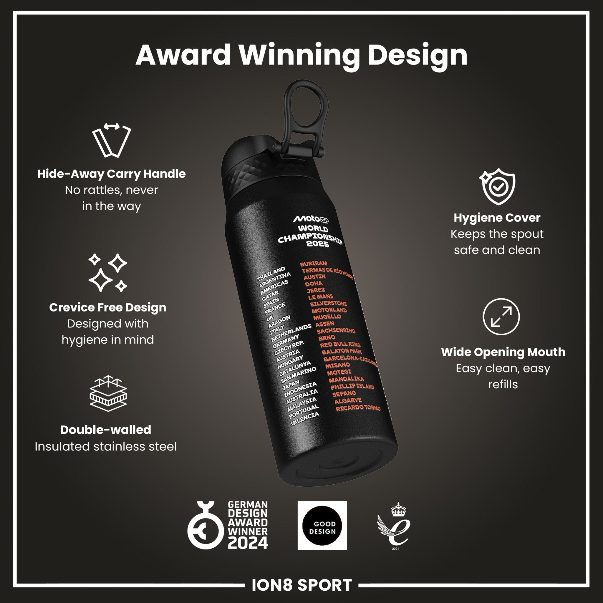 ION8 MotoGP Insulated Steel Water Bottle, 750ml, showing sleek silver design with MotoGP branding and a secure screw-top lid.