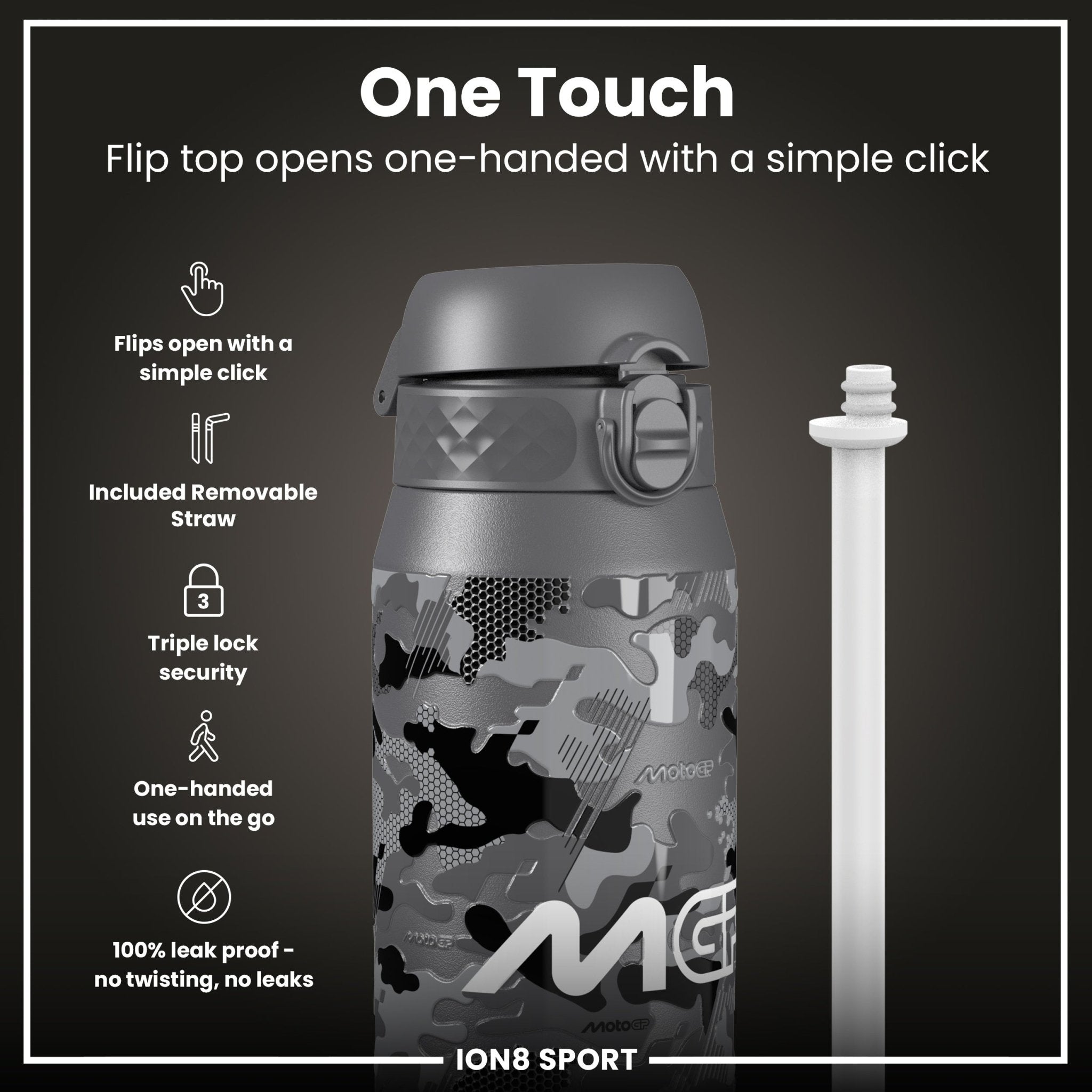 ION8 MotoGP insulated steel water bottle in camouflage design, 750ml capacity, with a sleek, durable construction.