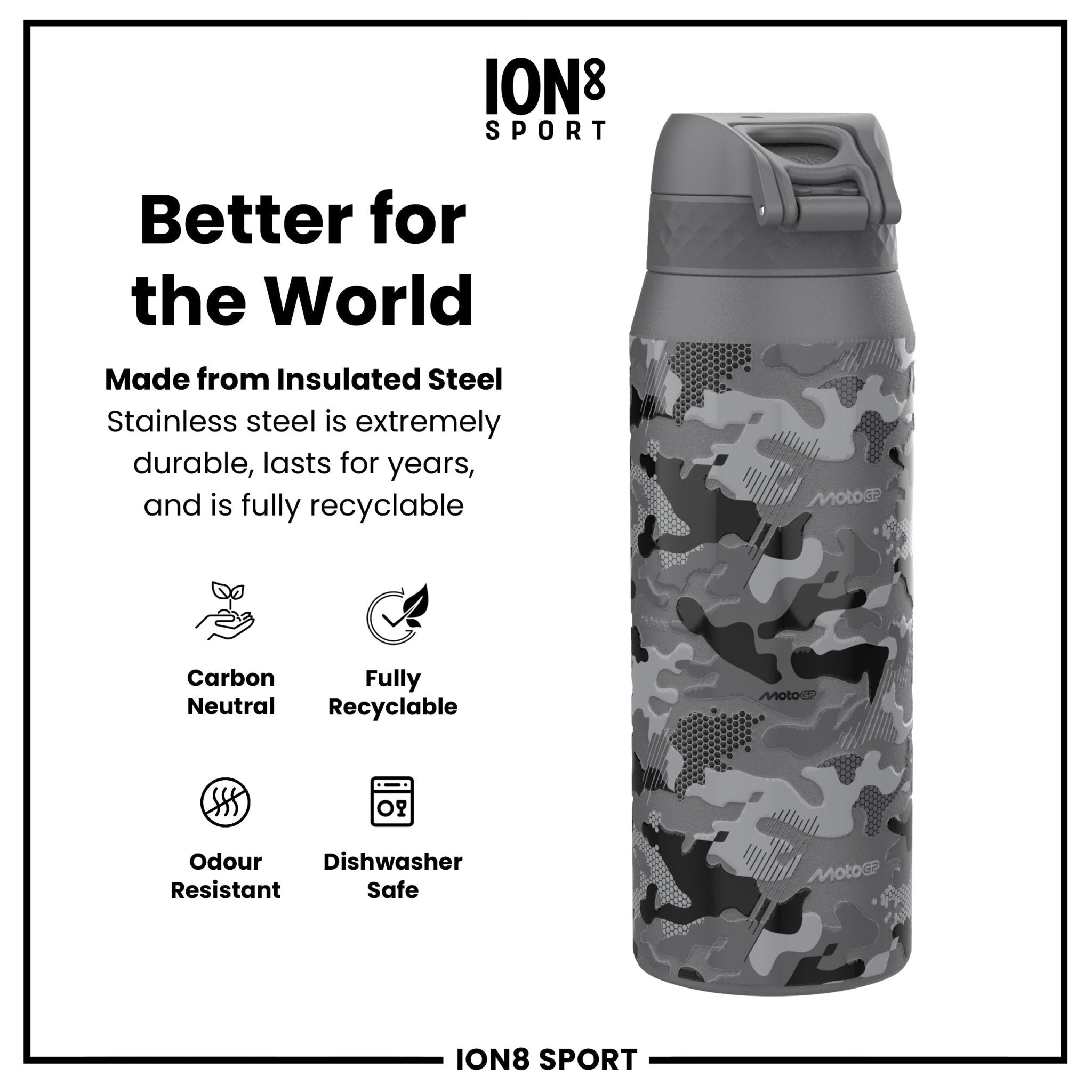 ION8 MotoGP insulated steel water bottle with camouflage design, 750ml capacity, featuring a sleek stainless steel finish and sporty look.