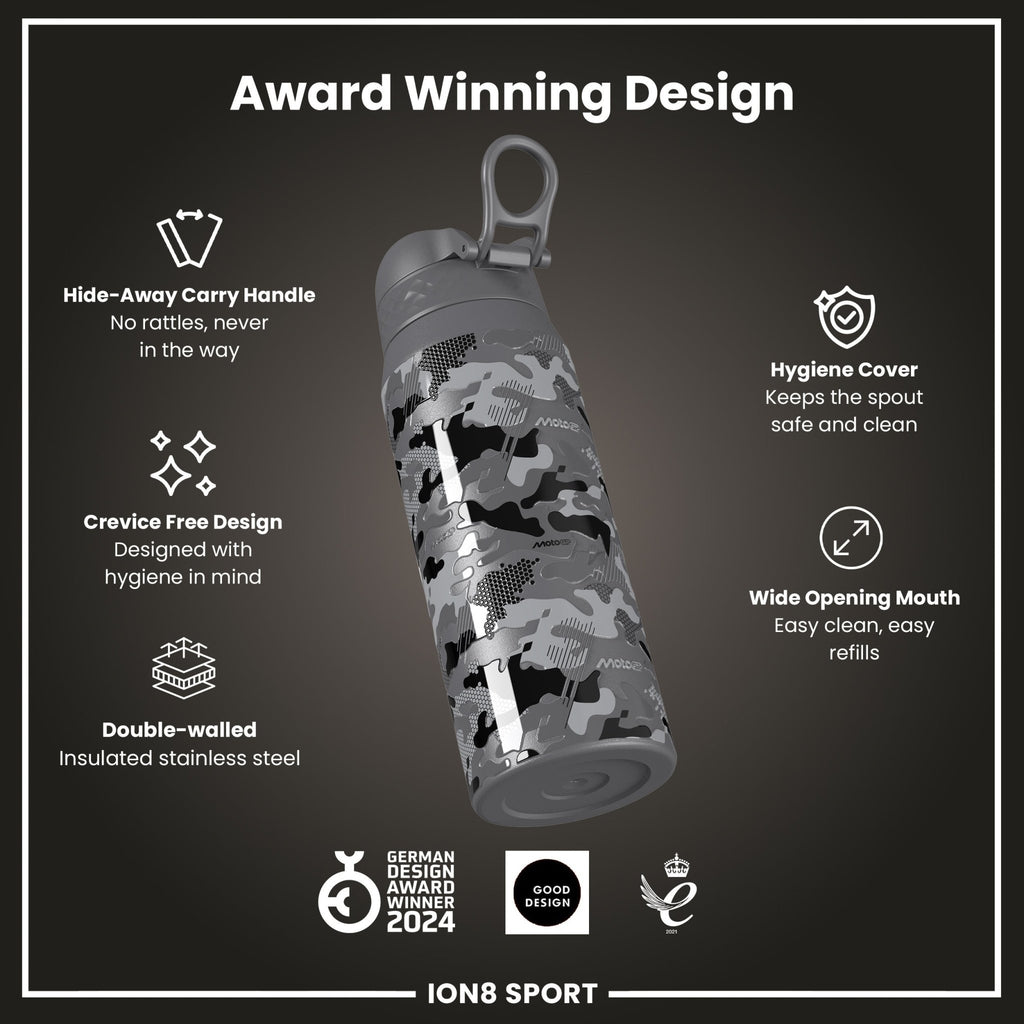 ION8 MotoGP camouflage insulated steel water bottle, 750ml, with a sleek design and secure lid for hot and cold drinks.