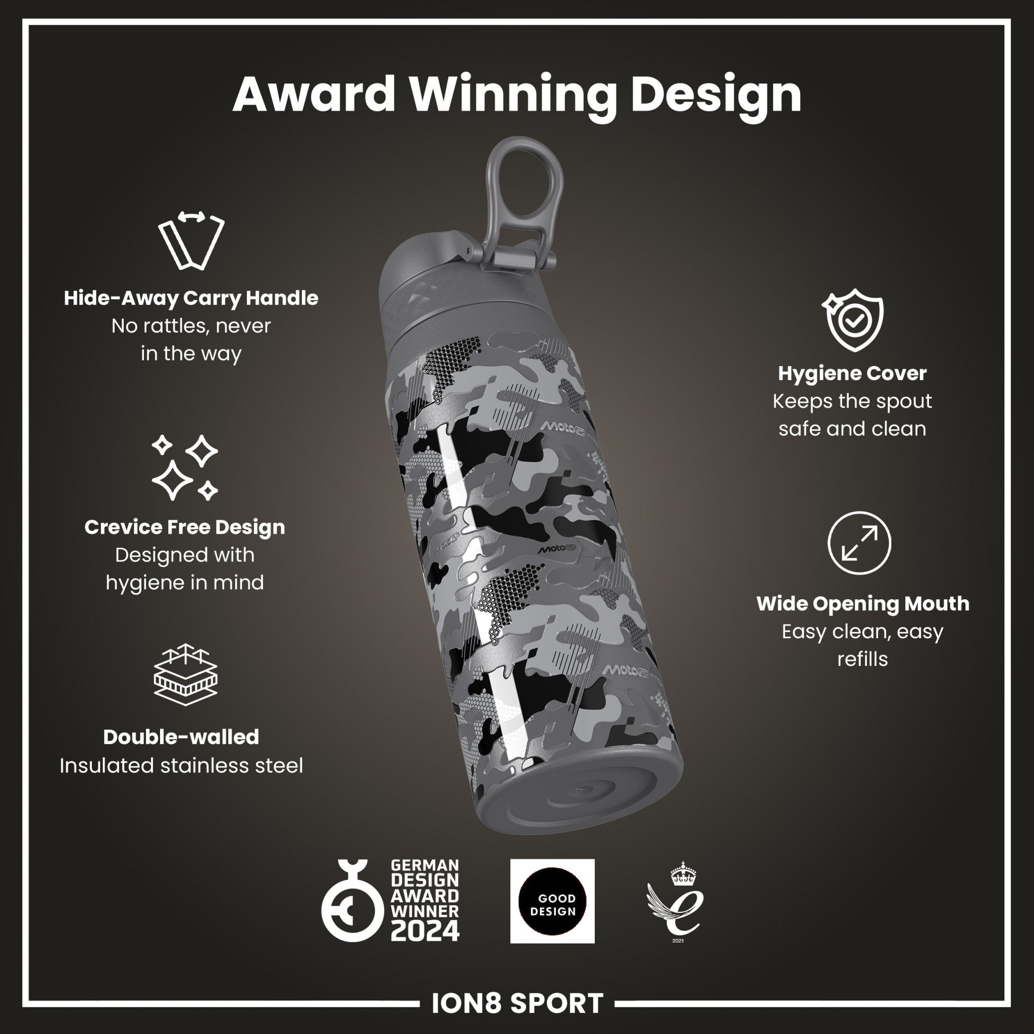 ION8 MotoGP camouflage insulated steel water bottle, 750ml, with a sleek design and secure lid for hot and cold drinks.