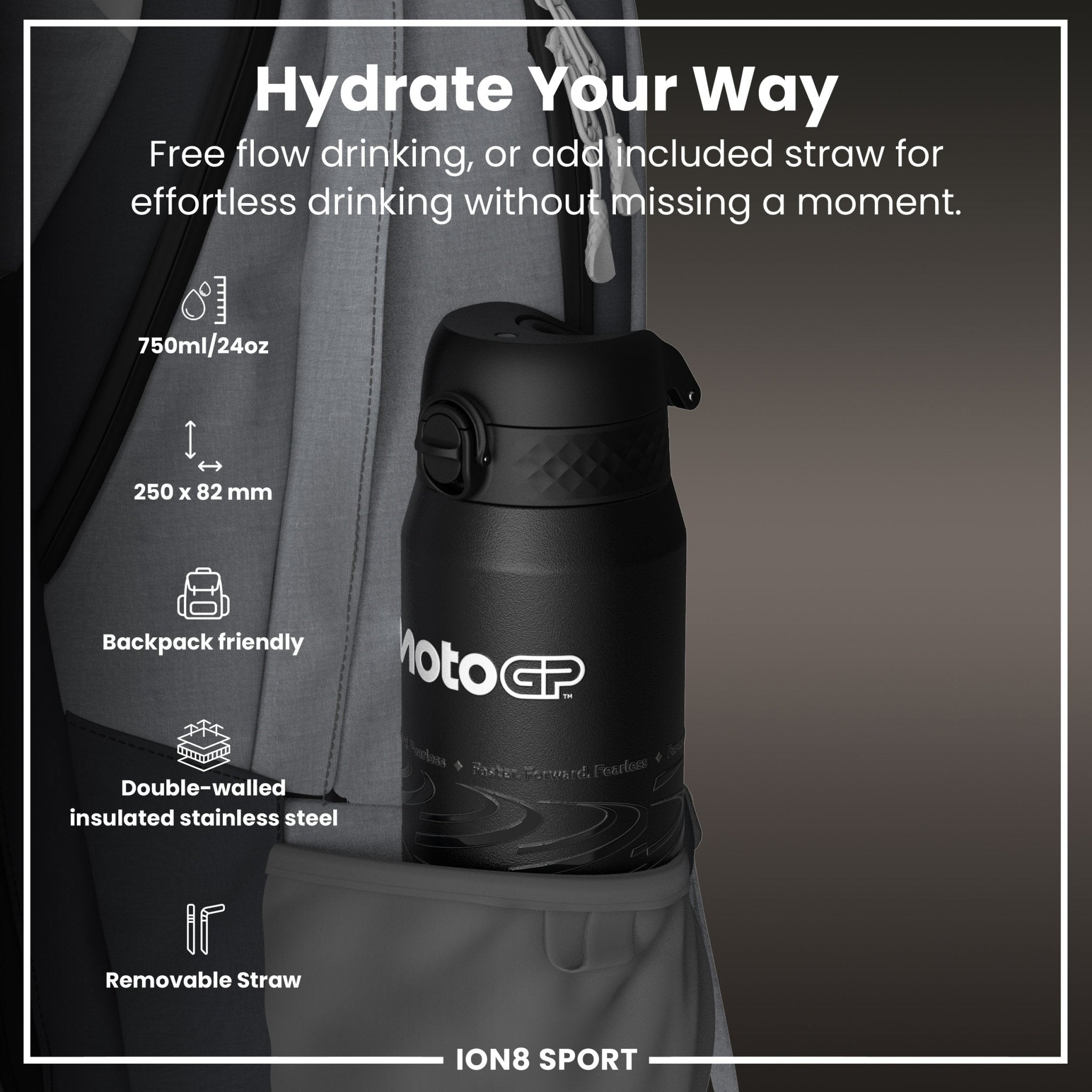 ION8 MotoGP Lean insulated steel water bottle, 750ml, featuring MotoGP branding and a sleek design for hot and cold drinks.