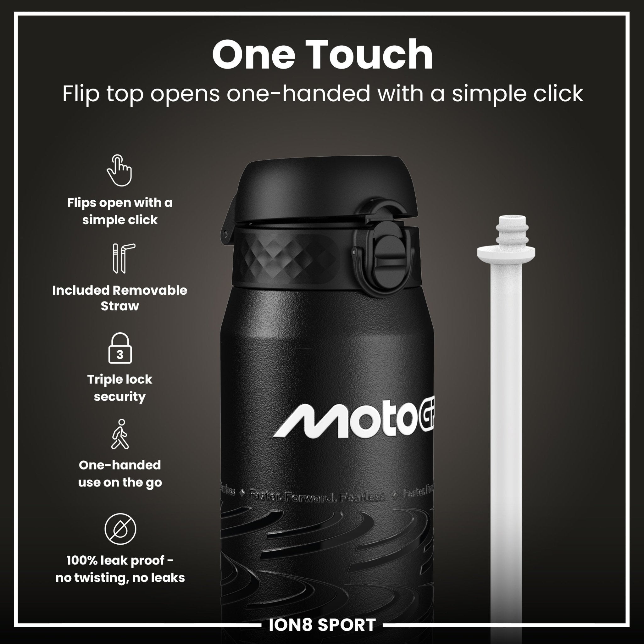 ION8 MotoGP insulated steel water bottle, 750ml, featuring MotoGP lean design and durable construction, shown in the image.