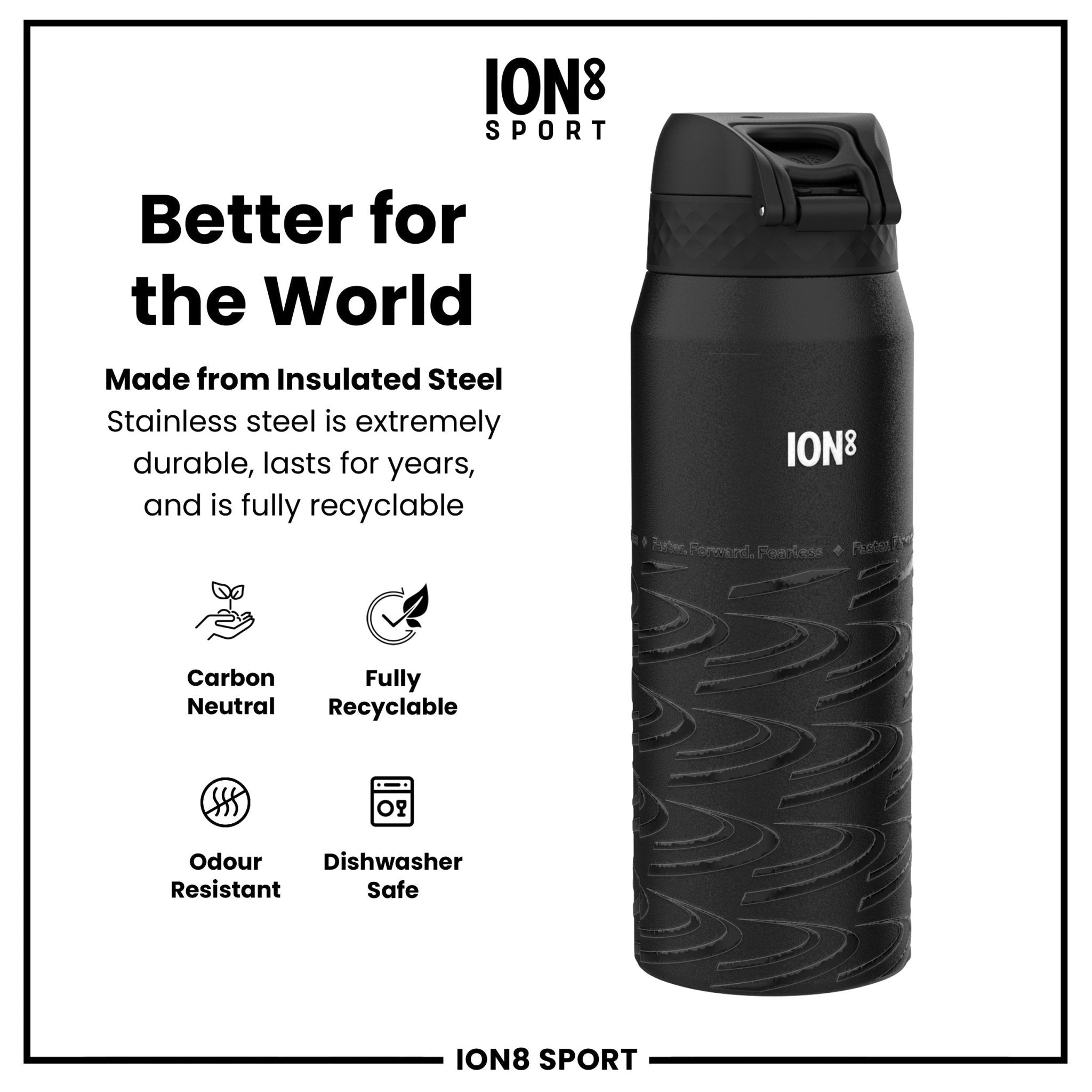 Ion8 MotoGP x ION8 insulated steel water bottle, MotoGP Lean design, 750ml (24oz), stainless steel, with black finish and branding.