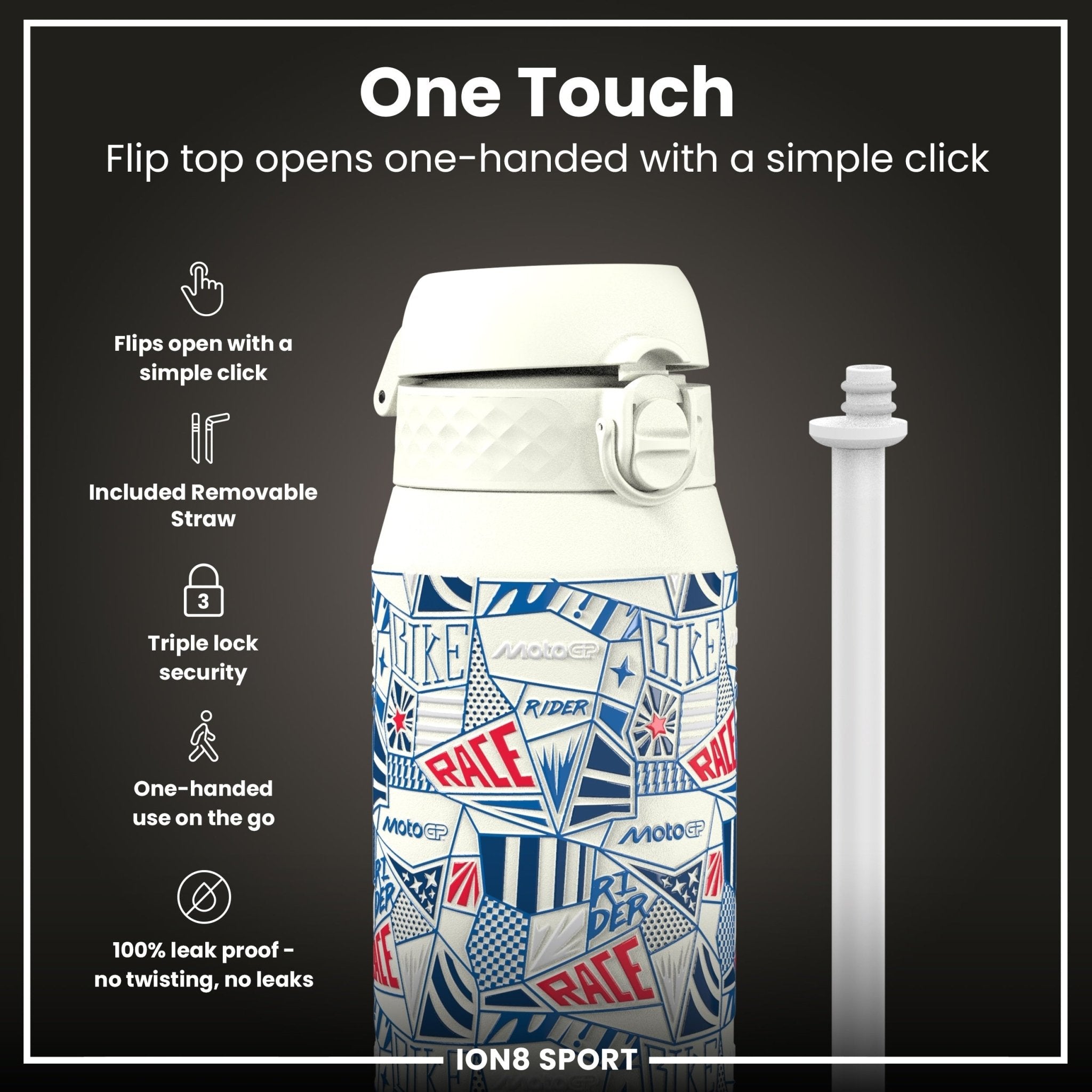 ION8 MotoGP insulated steel water bottle, 750ml (24oz), featuring MotoGP Street branding and a sleek stainless steel design.