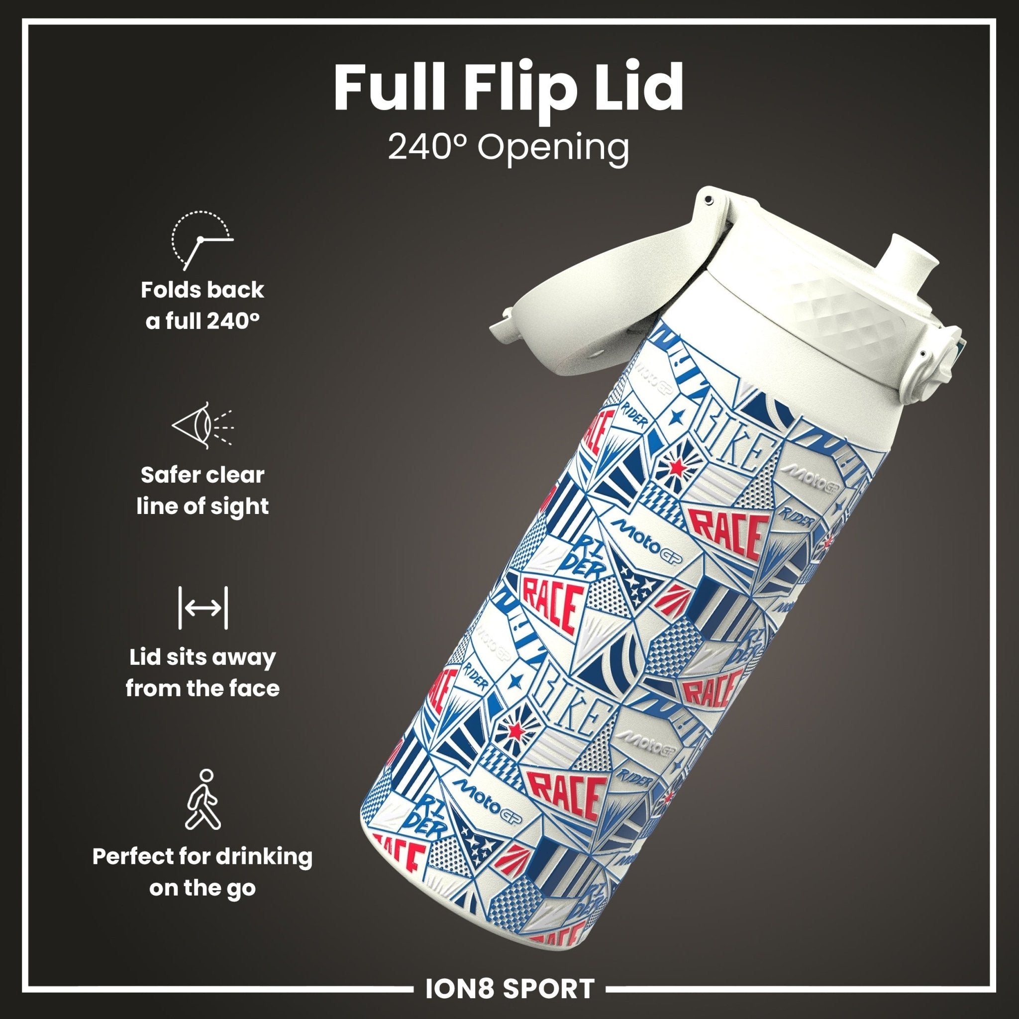 ION8 MotoGP insulated steel water bottle, 750ml (24oz), with MotoGP Street logo, stainless steel design, and leak-proof cap.