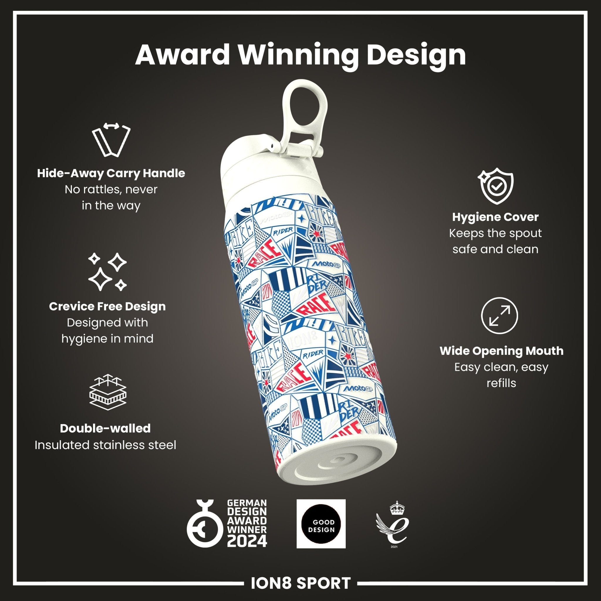 ION8 insulated steel water bottle with MotoGP Street design, 750ml (24oz), featuring a sleek, durable metal construction.