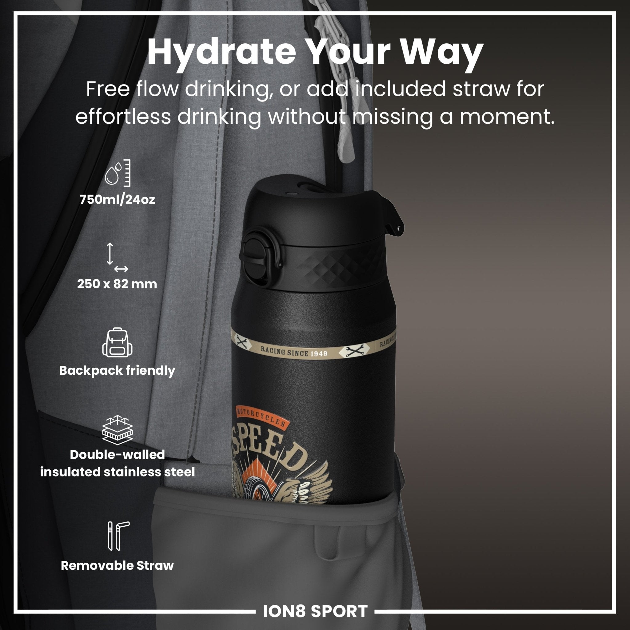 ION8 MotoGP insulated steel water bottle with MotoGP Speed logo, 750ml (24oz), stainless steel, sleek and durable design