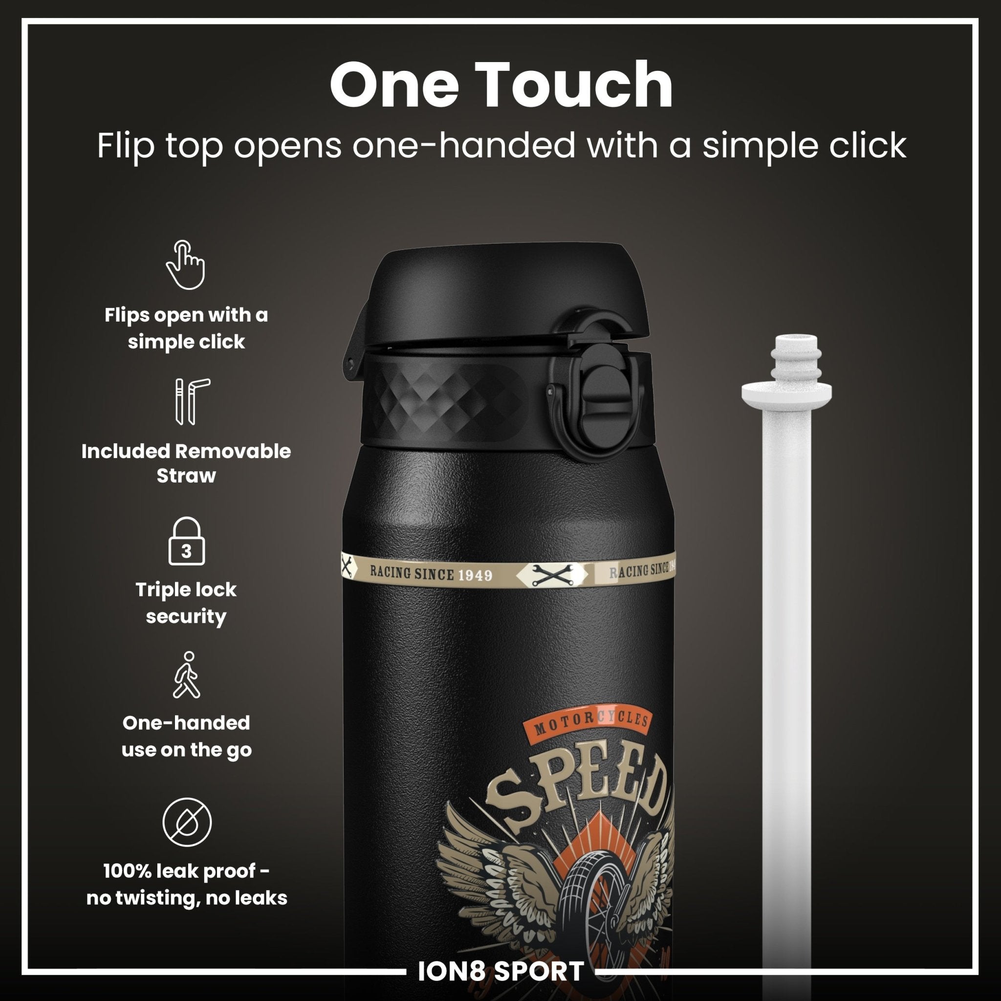 ION8 MotoGP Insulated Steel Water Bottle with MotoGP Speed design, 750ml (24oz), durable and sleek for active use