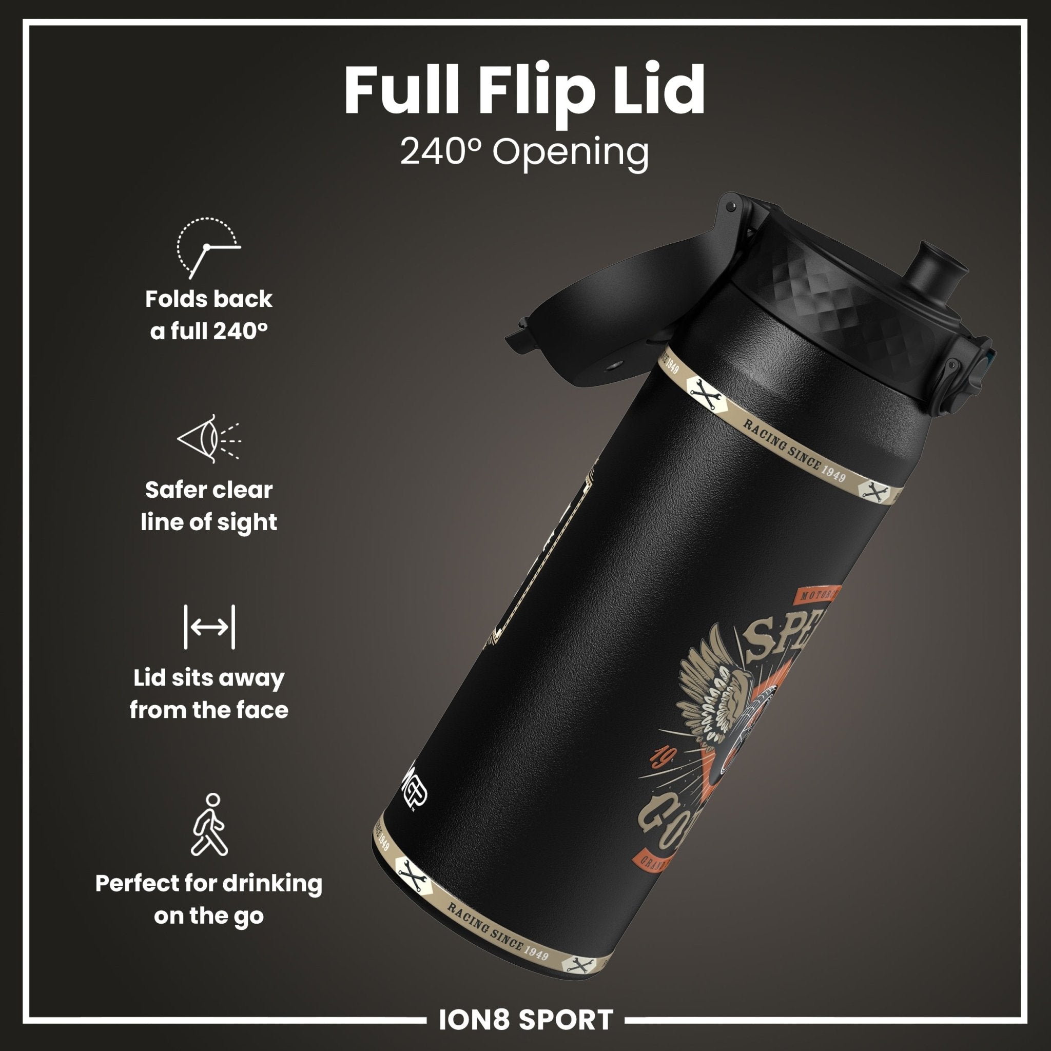 Ion8 MotoGP insulated steel water bottle with MotoGP Speed design, 750ml (24oz), featuring a sleek stainless steel finish