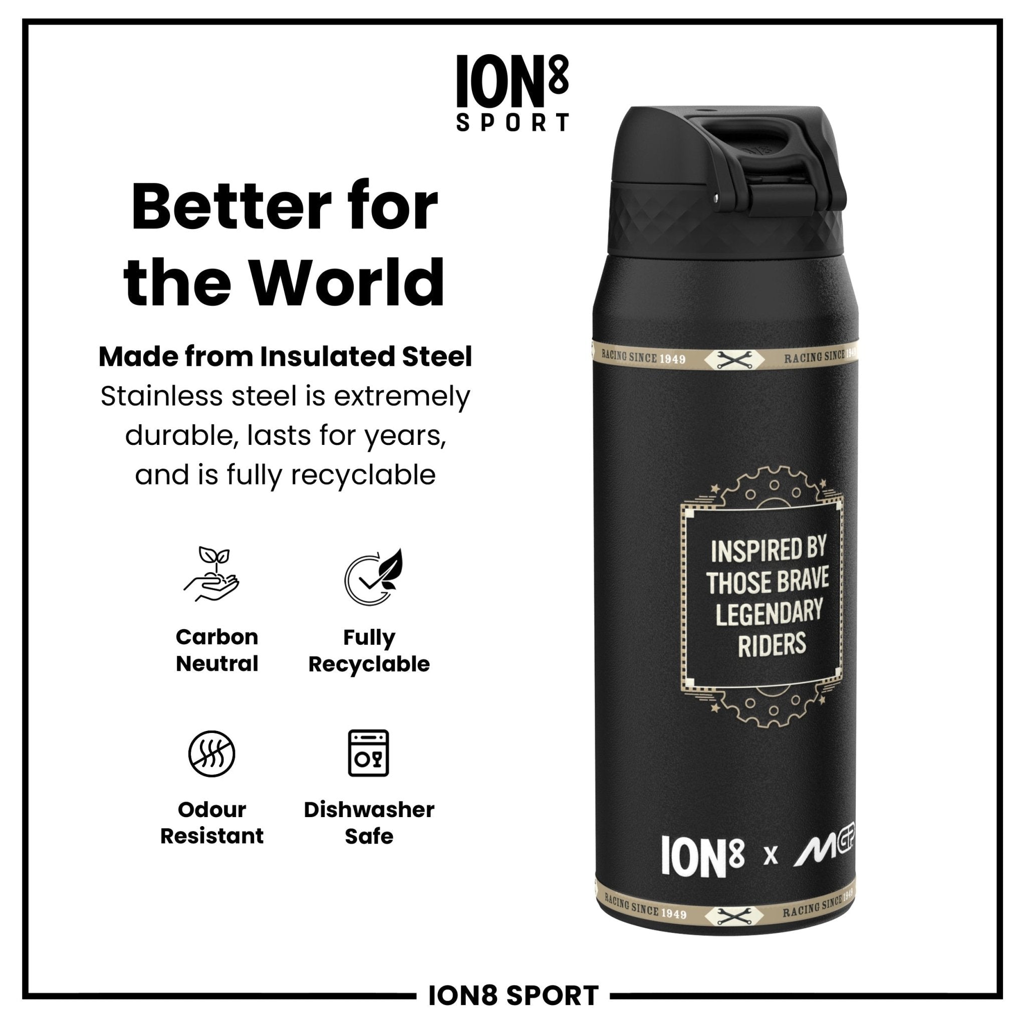 Ion8 MotoGP insulated steel water bottle with MotoGP Speed design, 750ml capacity, featuring a sleek stainless steel finish.