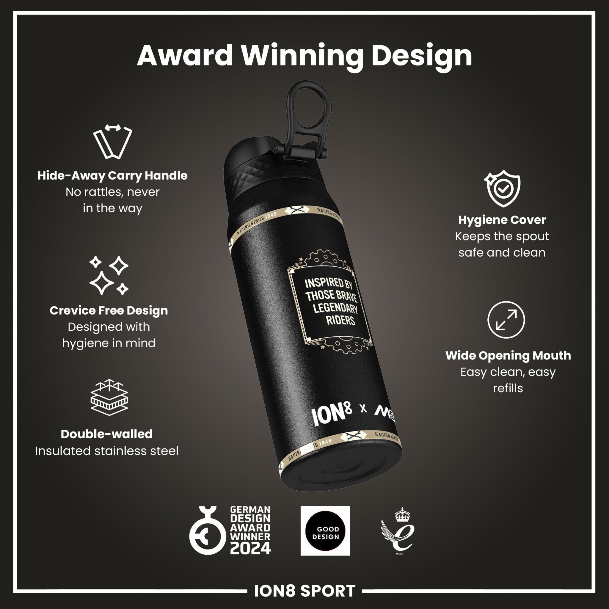 ION8 MotoGP insulated steel water bottle with MotoGP Speed design, 750ml capacity, featuring a sleek, durable stainless steel finish.