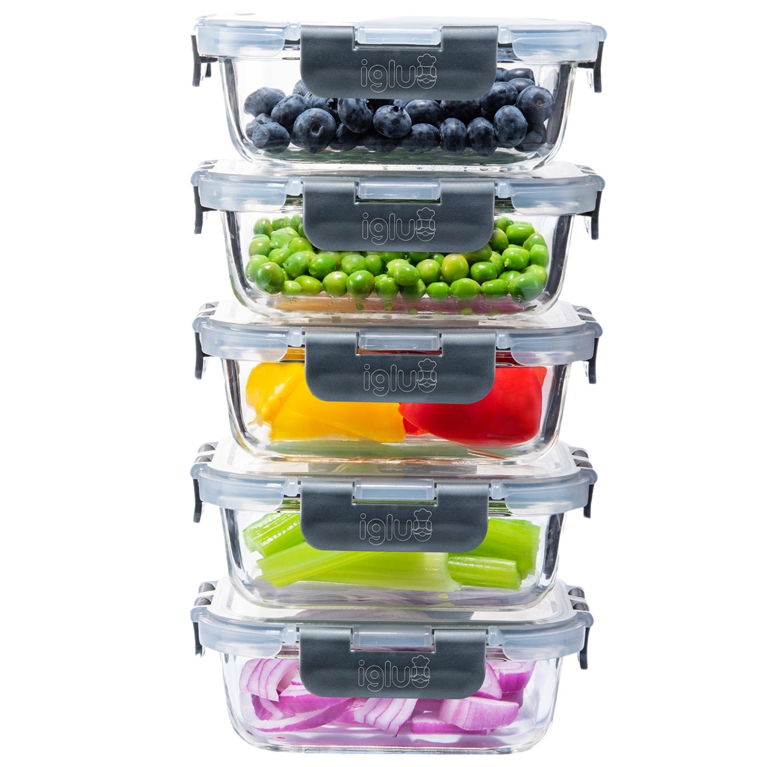 Set of five Igluu Meal Prep rectangular glass food storage containers, 370ml capacity, ideal for meal prepping and storing food.