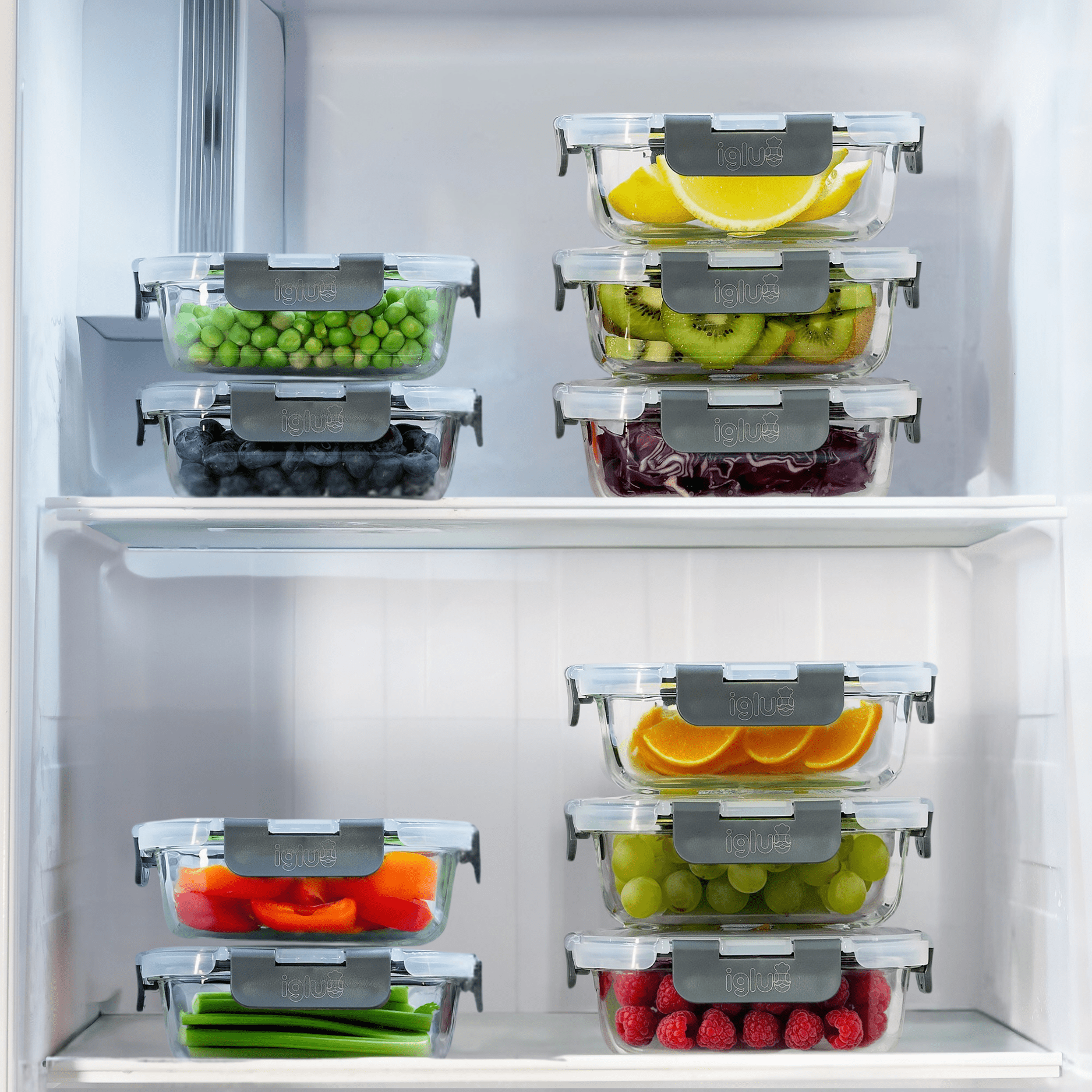 Set of five Igluu Meal Prep rectangle glass food storage containers, 370ml capacity, ideal for meal prep and storage.