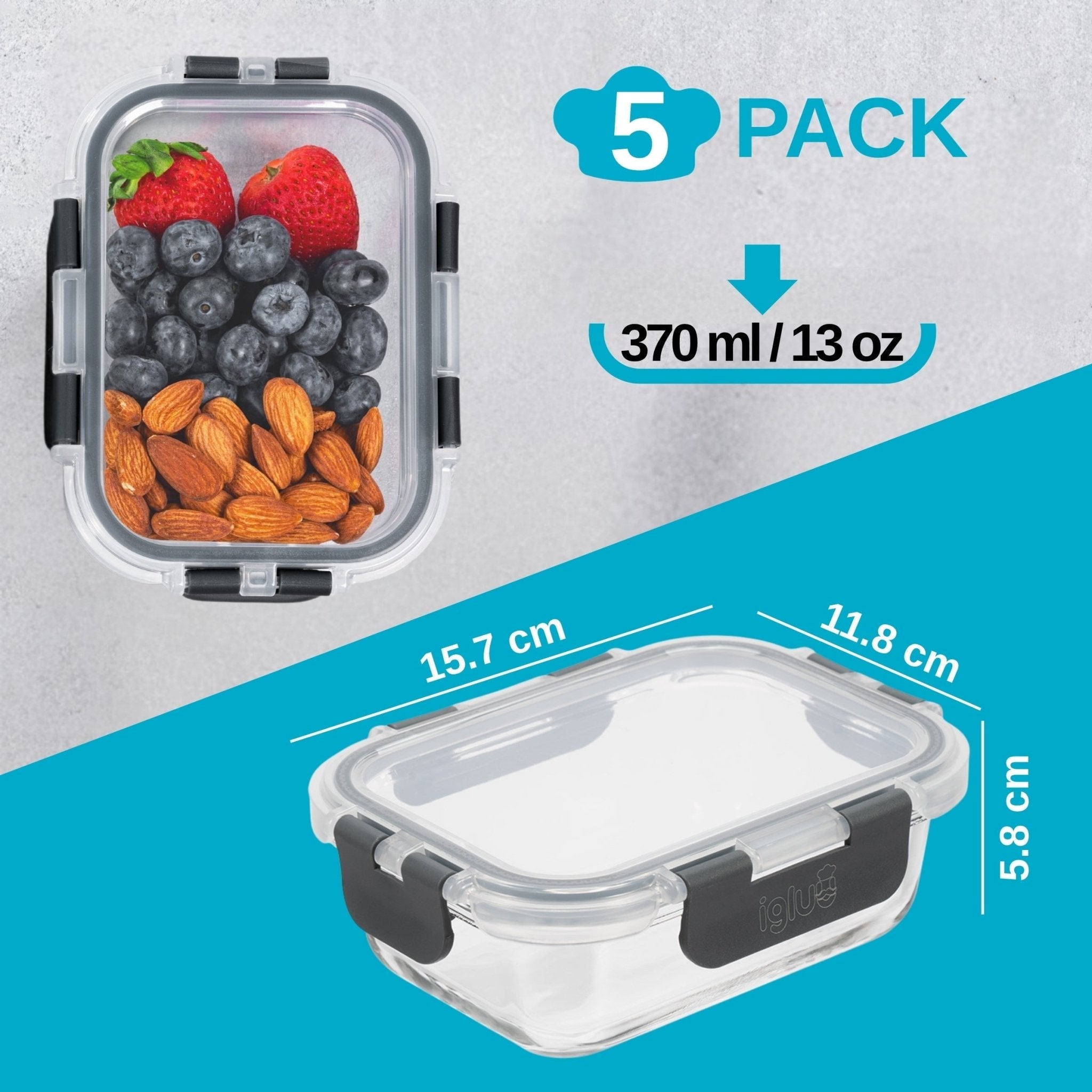 Set of five Igluu Meal Prep rectangle glass food storage containers, 370ml capacity for meal planning and food storage.