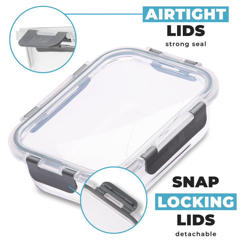 Set of five Igluu Meal Prep rectangle glass food storage containers, 370ml capacity for meal prep and storage.