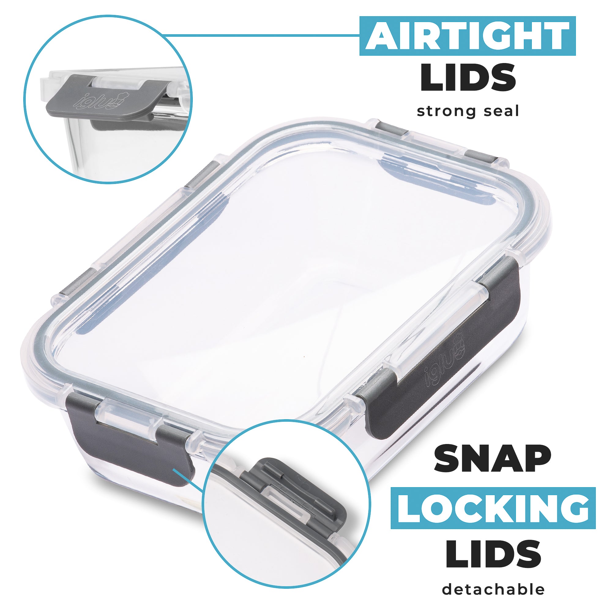 Set of five Igluu Meal Prep rectangle glass food storage containers, 370ml capacity for meal prep and storage.