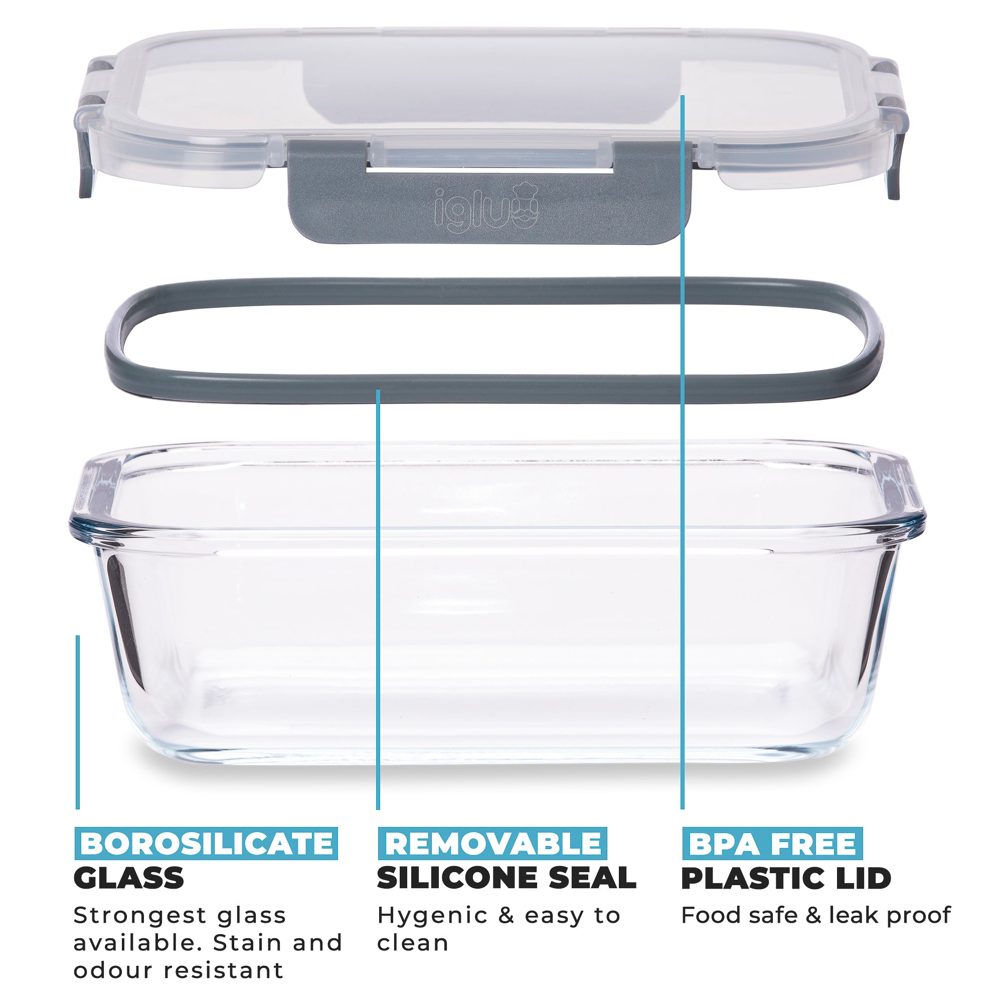 Set of five Igluu Meal Prep rectangular glass food storage containers, 370ml capacity, ideal for meal prep and storage.