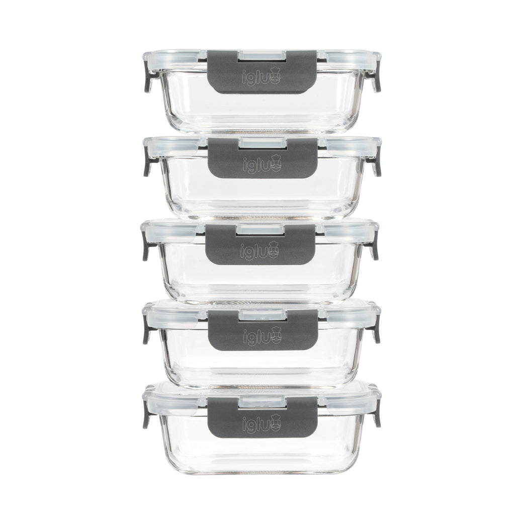 Set of five Igluu Meal Prep rectangle glass food storage containers, 370ml capacity, ideal for meal planning and storage