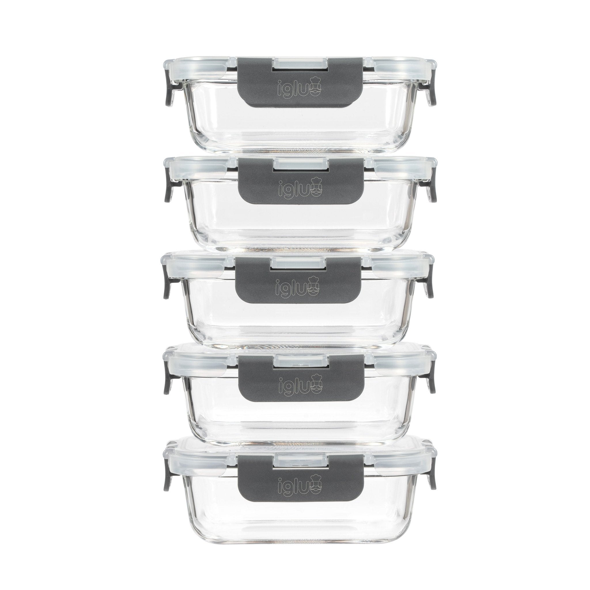 Set of five Igluu Meal Prep rectangle glass food storage containers, 370ml capacity, ideal for meal planning and storage