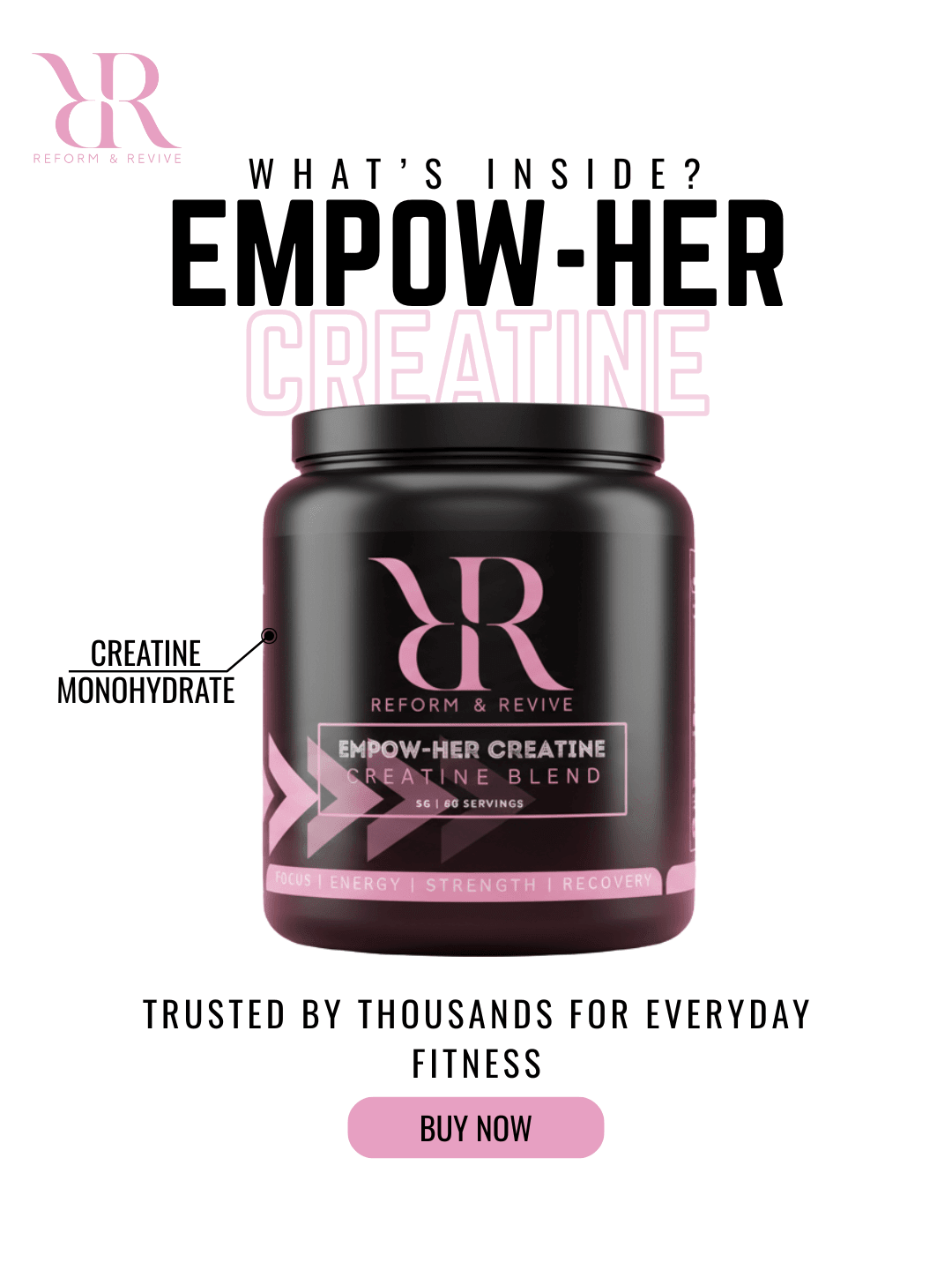 Reform and Revive EMPOW-HER Creatine Monohydrate 300g container with 5g servings, designed for athletic performance and muscle support.
