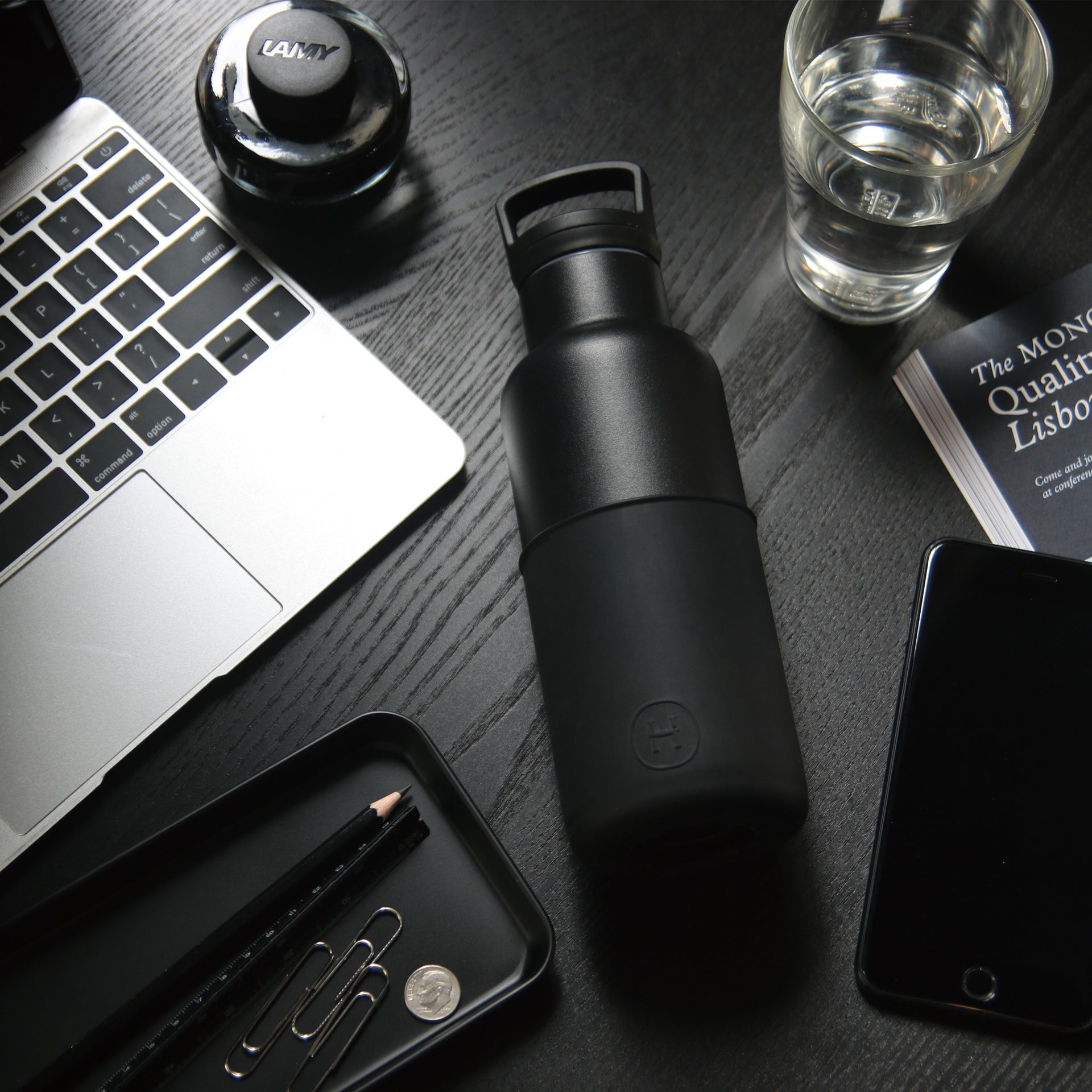 Black-Ink black 16 oz bottle by HYDY, showing the sleek black ink container with a screw cap and label on a white background.
