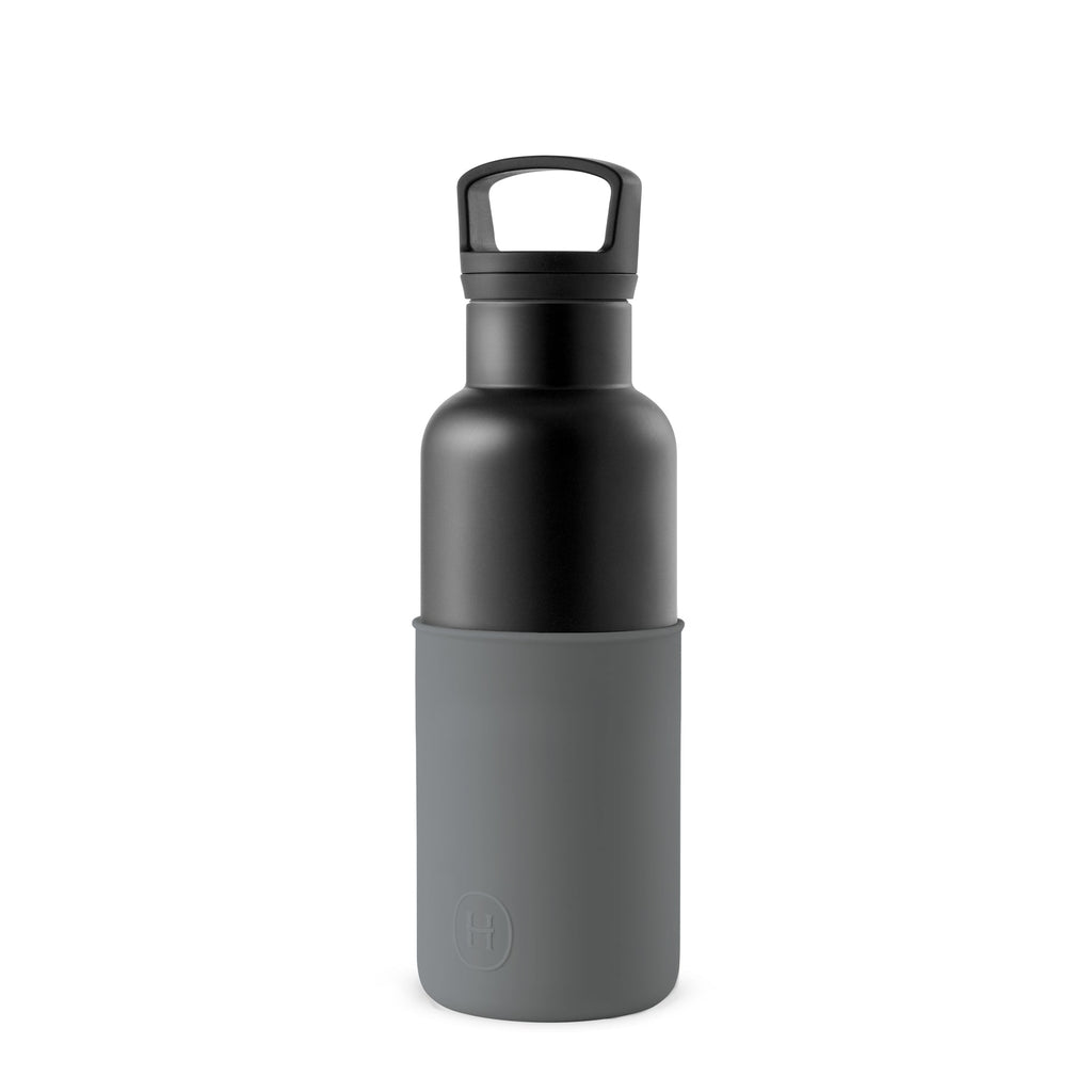 Black metallic grey 16 oz HYDY bottle with a sleek design, featuring a durable cap and ergonomic shape for easy use.