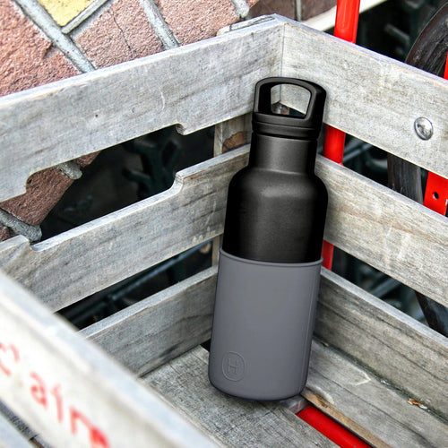 Black metallic grey 16 oz HYDY bottle with a sleek design, featuring a durable stainless steel body and secure lid.