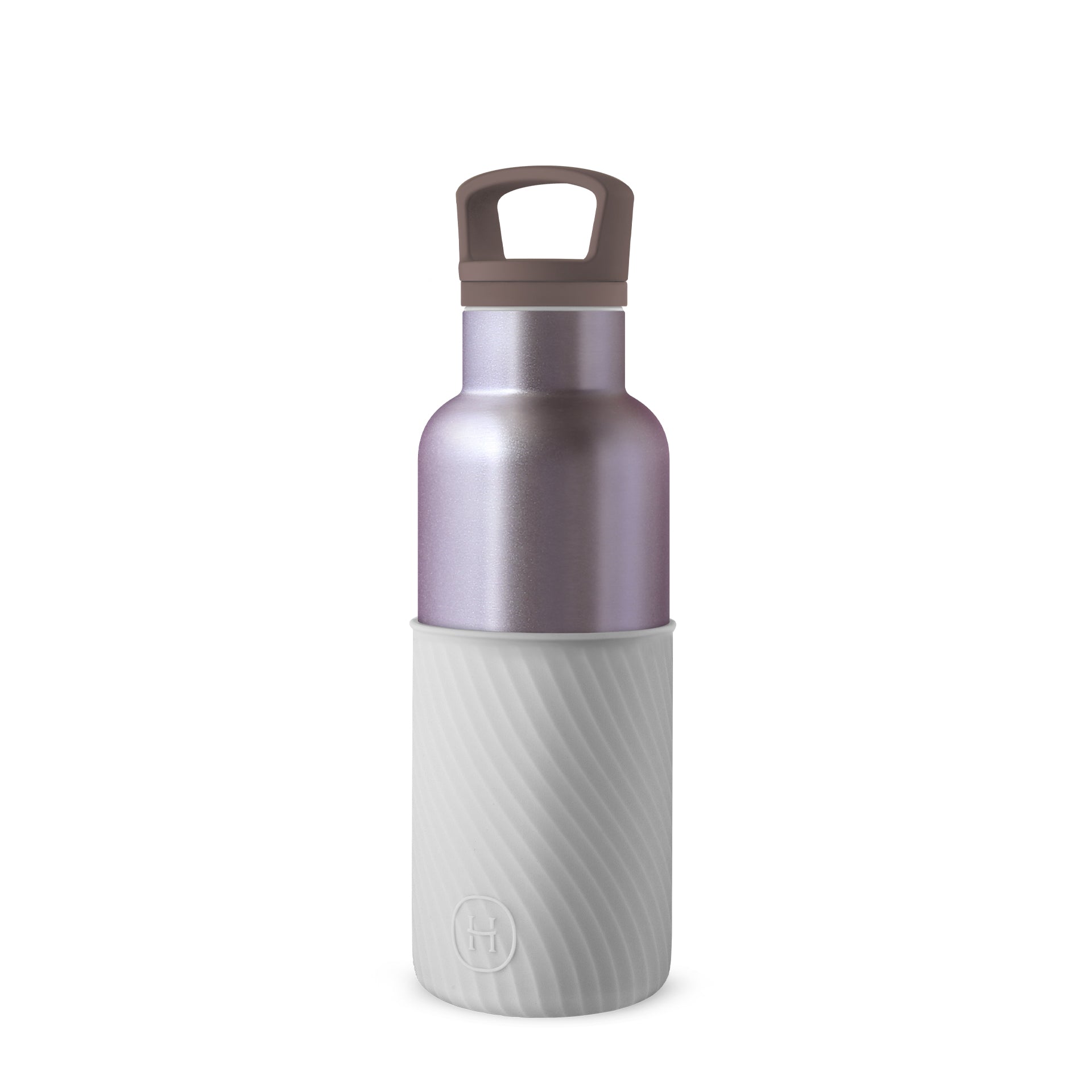 HYDY dusk violet and cloudy grey 16 oz bottle showing a sleek, modern design with a translucent grey and violet color scheme.