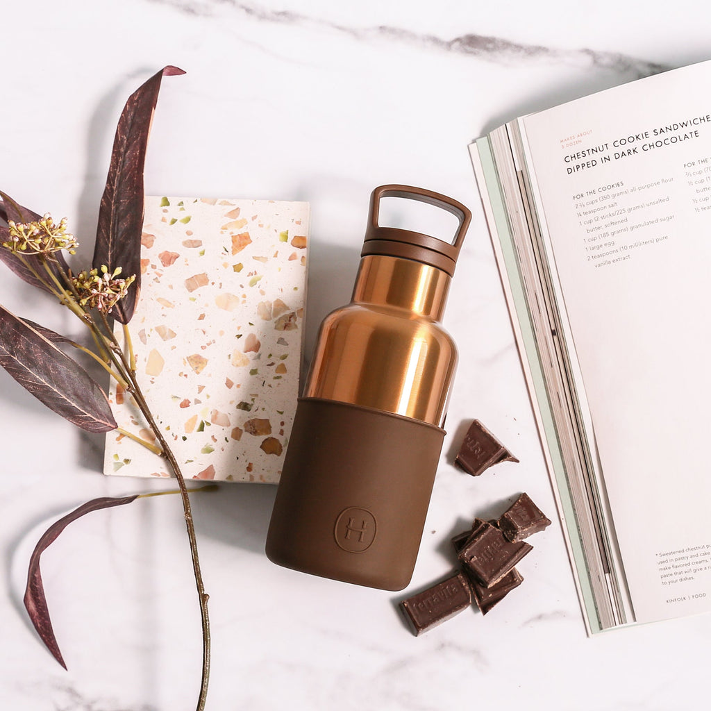 HYDY Bronze Gold-Mocha 12 oz bottle with a sleek design and metallic bronze gold finish, ideal for stylish hydration.