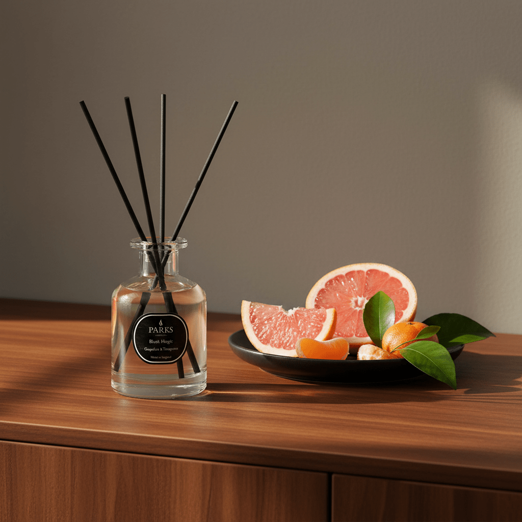 Parks Candles grapefruit and tangerine reed diffuser in a 100ml glass bottle with reed sticks, fresh citrus scent.