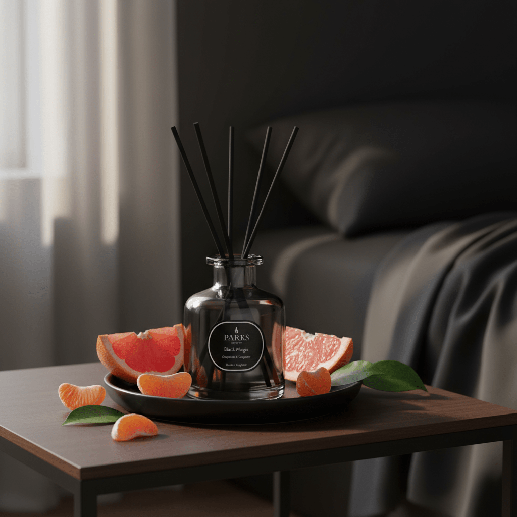 Parks Candles grapefruit and tangerine reed diffuser in a 100ml glass bottle with natural reeds, citrus-scented home fragrance.