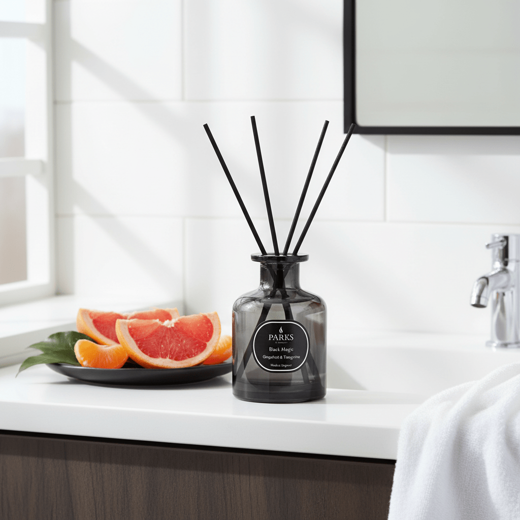 Parks Candles grapefruit and tangerine reed diffuser in a 100ml glass bottle with reeds, fresh citrus scent.