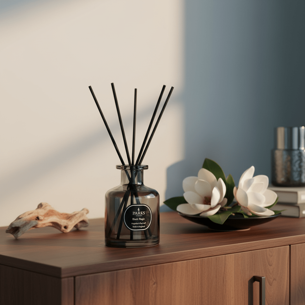 Parks Candles Magnolia & Bay Leaf Reed Diffuser in a 100ml glass bottle with natural reed sticks, designed for home fragrance.