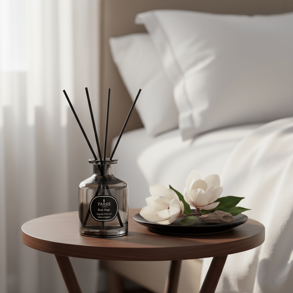 Parks Candles Magnolia & Bay Leaf Reed Diffuser 100ml with elegant glass bottle and reed sticks for home fragrance.