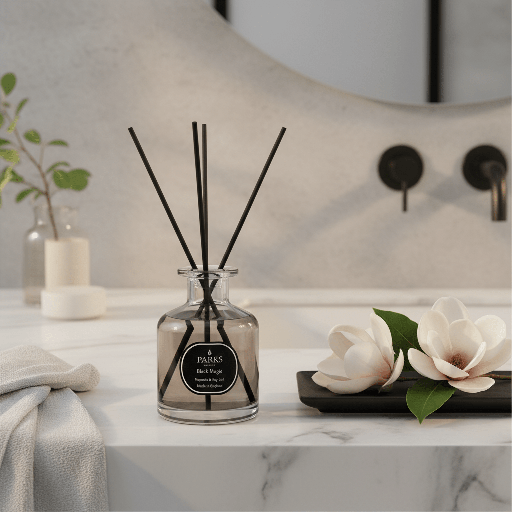 Parks Candles Magnolia & Bay Leaf Reed Diffuser 100ml with elegant glass bottle and natural reed sticks for fragrance.