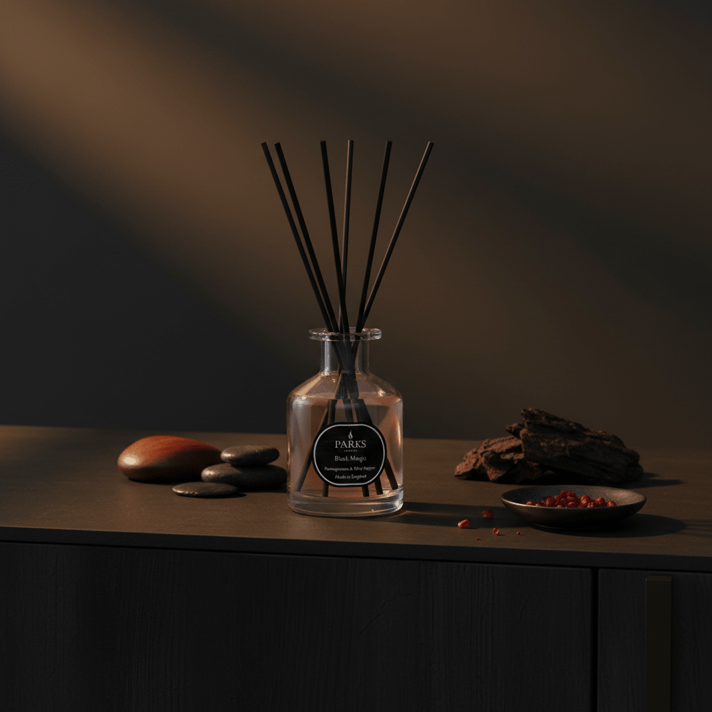 Parks Candles pomegranate and pink pepper reed diffuser 100ml with glass bottle and natural reed sticks for home fragrance.