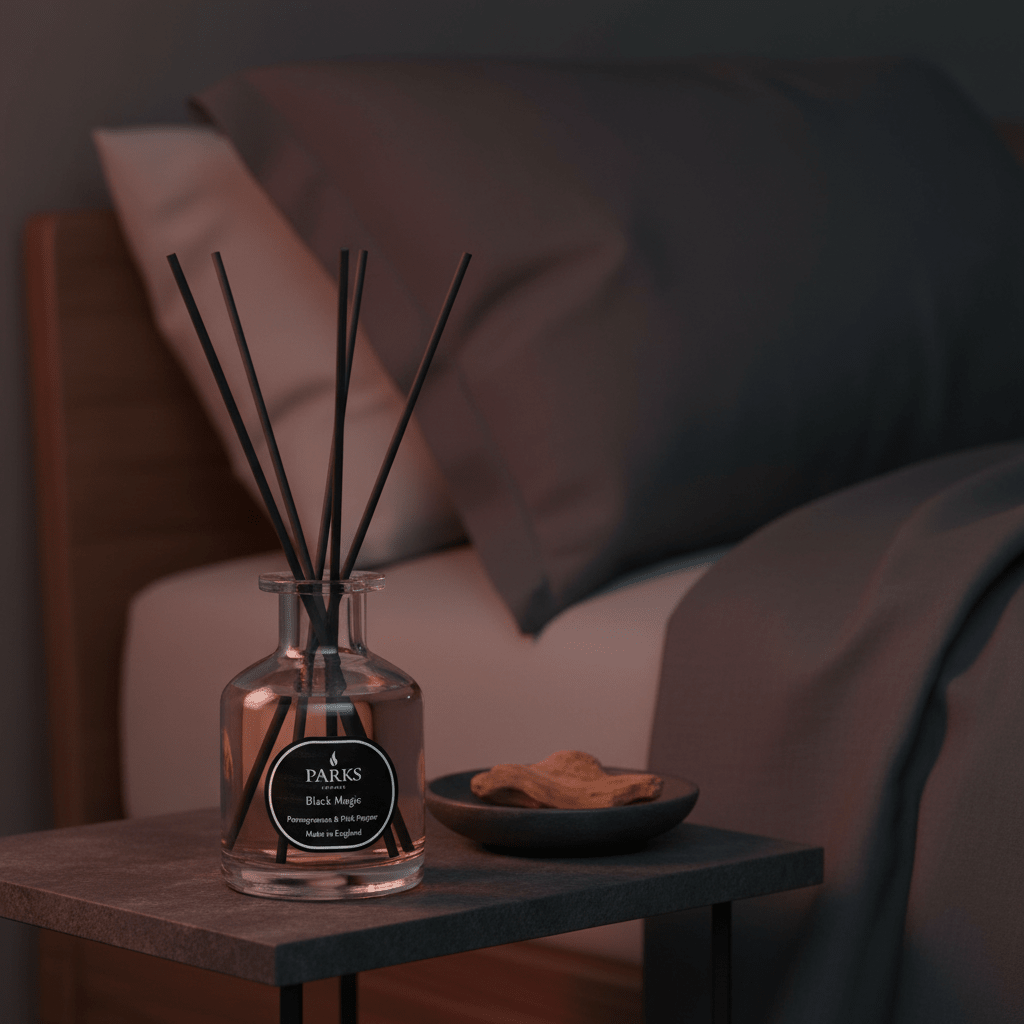 Parks Candles Pomegranate & Pink Pepper reed diffuser 100ml with elegant glass bottle and natural reed sticks.