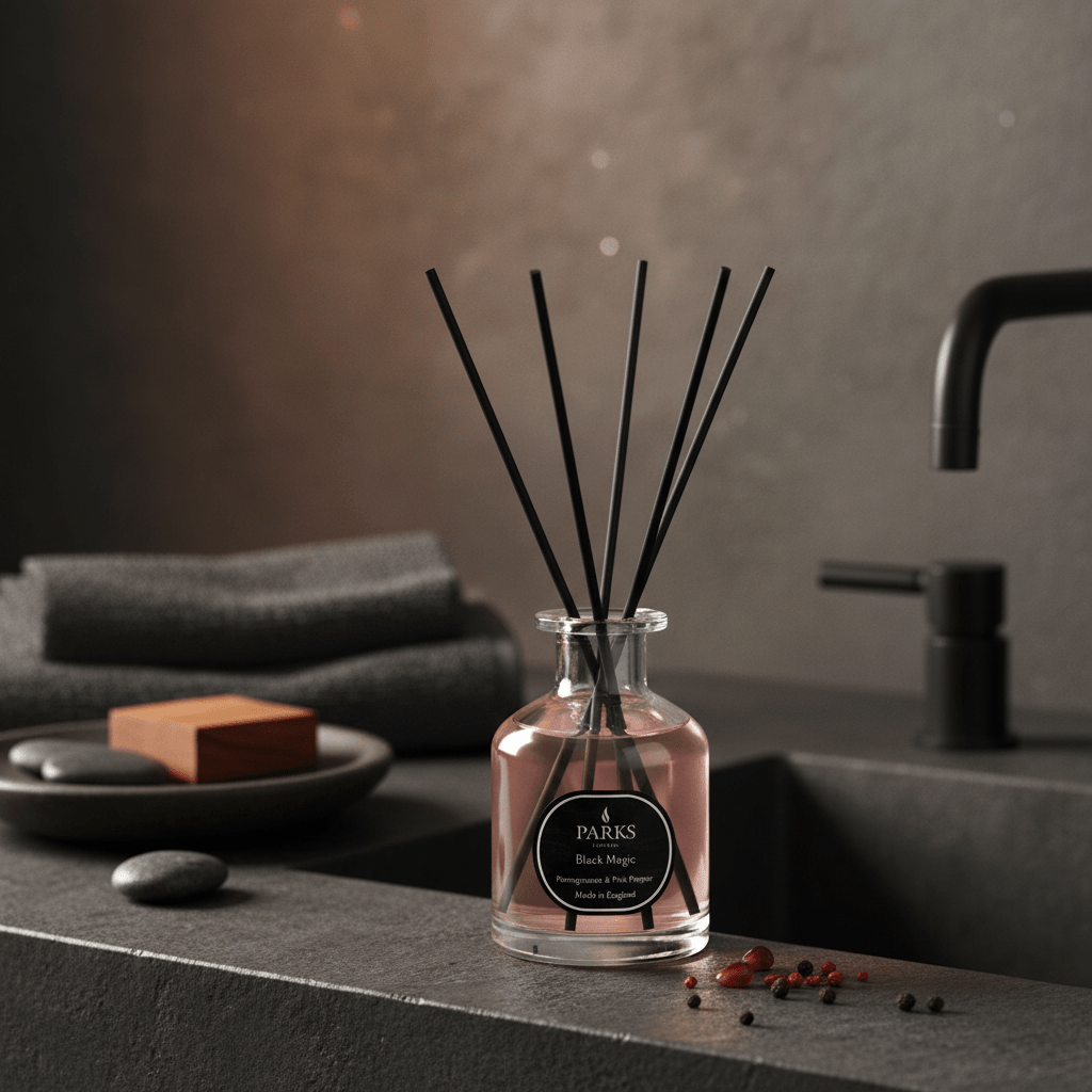 Parks Candles Pomegranate & Pink Pepper Reed Diffuser 100ml with glass bottle and reed sticks, aromatic home fragrance.