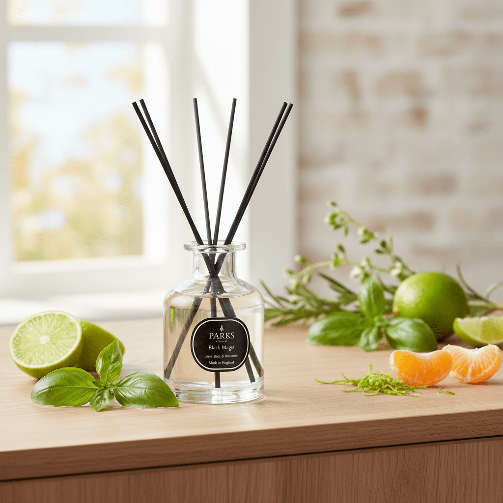 Parks Candles Lime, Basil & Mandarin reed diffuser with 100ml glass bottle and natural reeds for home fragrance.