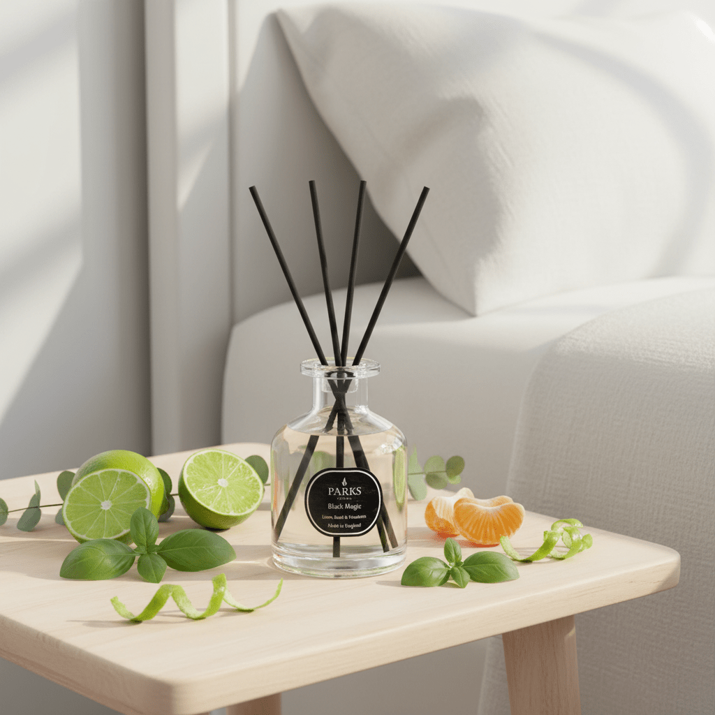 Parks Candles lime, basil, and mandarin reed diffuser bottle with natural reed sticks for home fragrance.