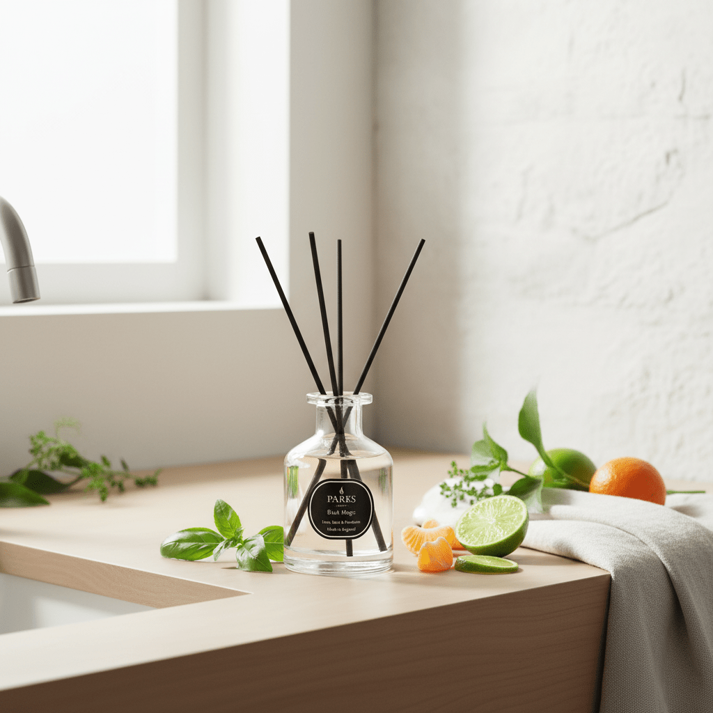 Parks Candles reed diffuser with lime, basil, and mandarin scent in 100ml glass bottle, displayed with diffuser reeds.