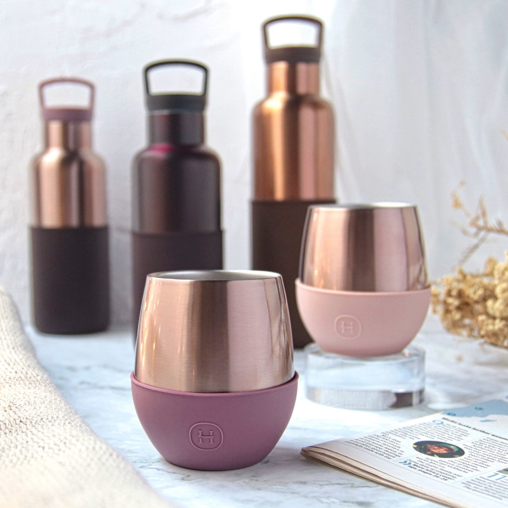 Pink gold HYDY tumbler with Sangria design, 8 oz stainless steel drinking tumbler with lid and straw in the image.