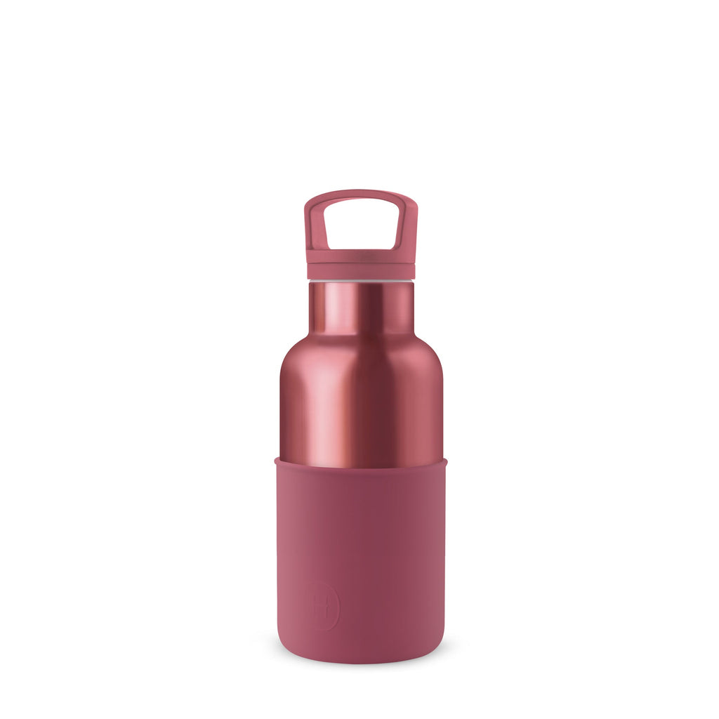 HYDY rose gold and wine red 12 oz bottle, sleek glass design suitable for beverages or decor.