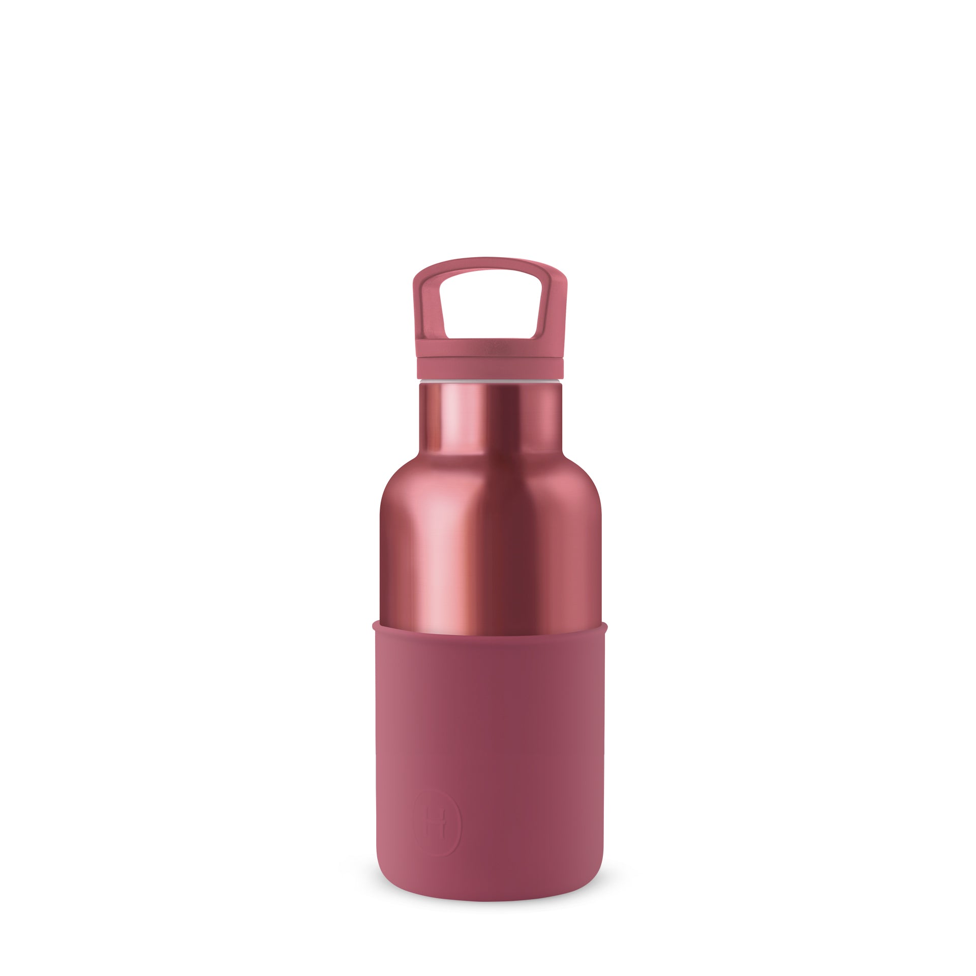 HYDY rose gold and wine red 12 oz bottle, sleek glass design suitable for beverages or decor.