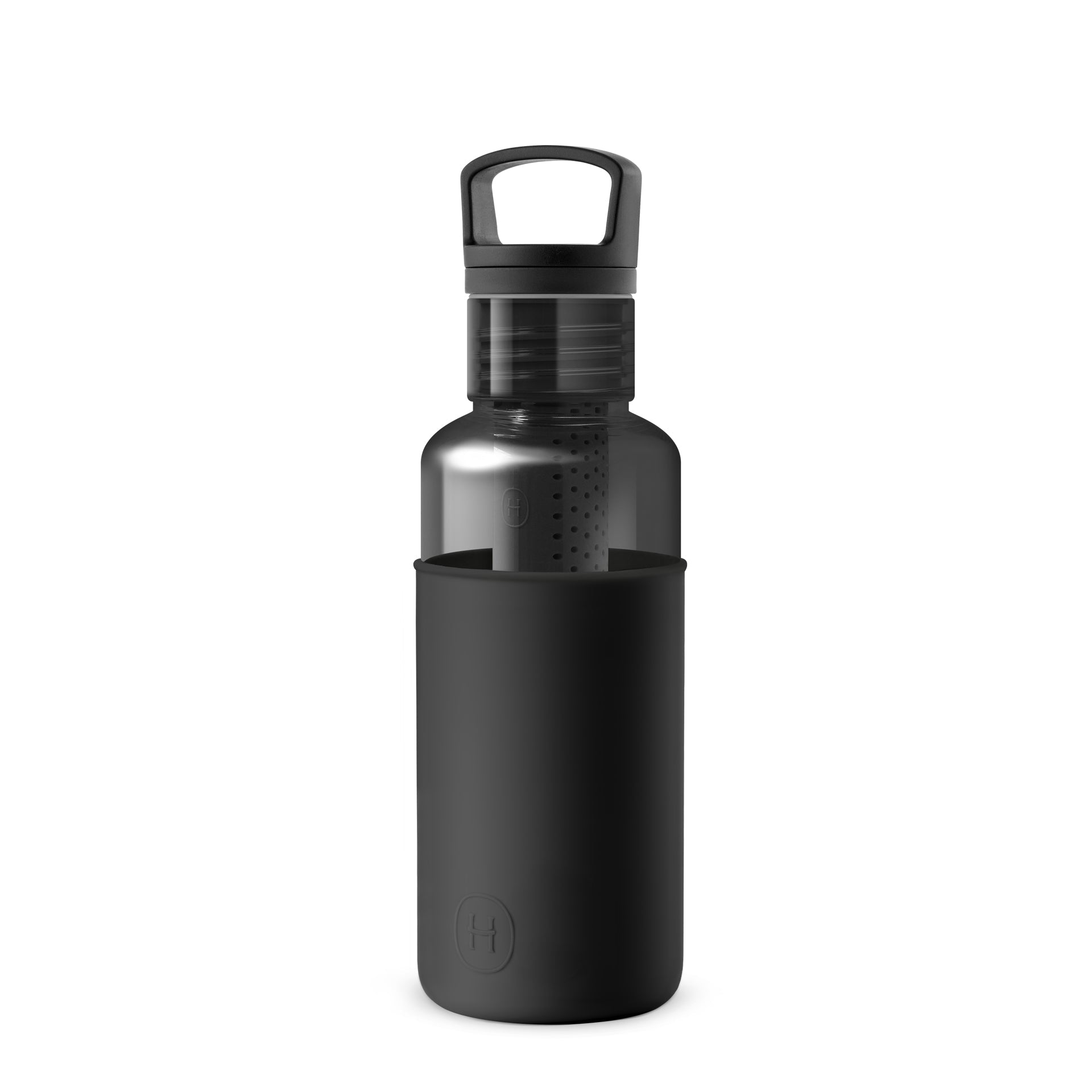 Charcoal-black HYDY 20 oz bottle with a sleek design and secure lid, ideal for hydration and outdoor use.